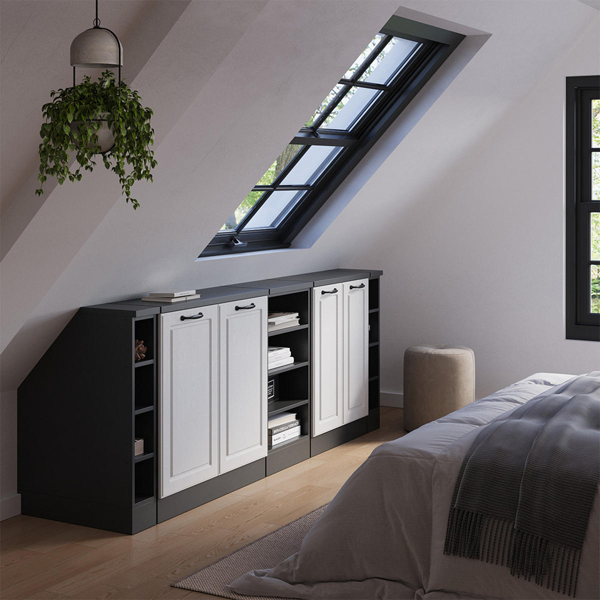 DACHSCHRÄGENSCHRANK-SET Rion Weiß Landhaus 210 cm 5er Set Schrankkorpuss 60 cm Tiefe - Anthrazit/Weiß, Holzwerkstoff (210/83.8/60cm) - Vicco