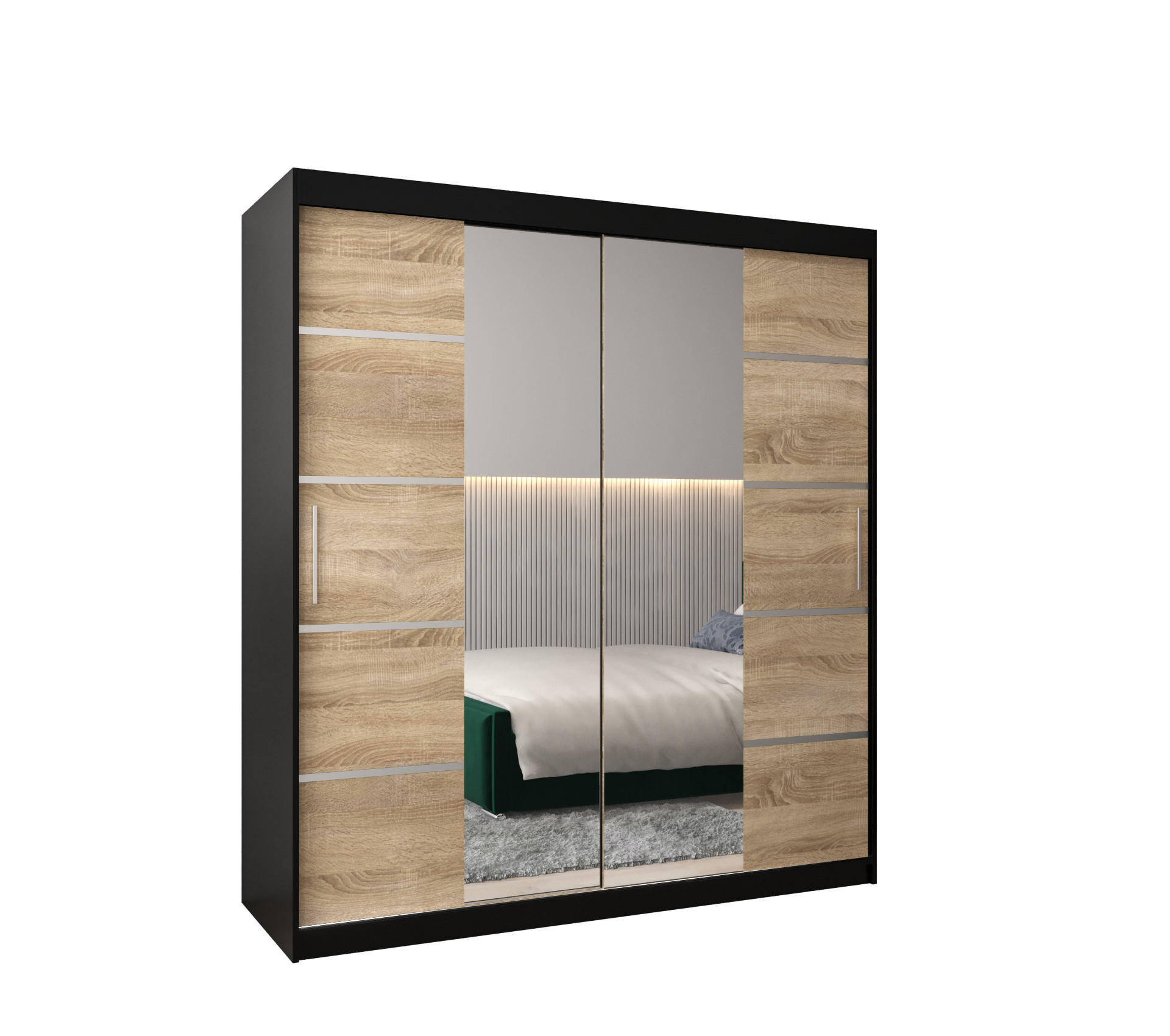 Abiks Möbel Schwebetürenschrank Schwarz, Sonoma Eiche, Silber 180x200x62 cm