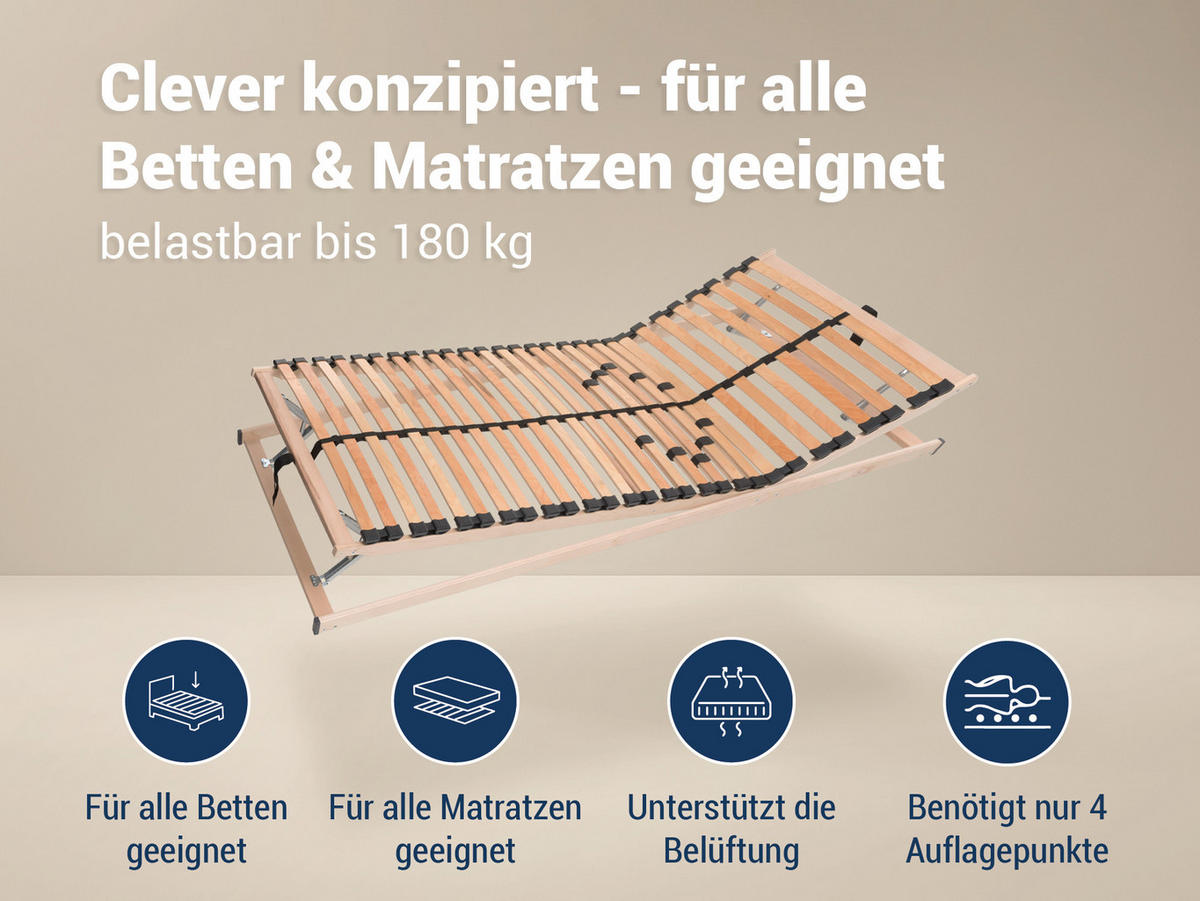 BETTEN-ABC Max1 K+F – Lattenrost zur Selbstmontage mit Kopf- und Fußteilverstellung, Holm durchgehend, Größe: 90 x 220 cm - Braun, Holz (90/220cm) - Betten-ABC