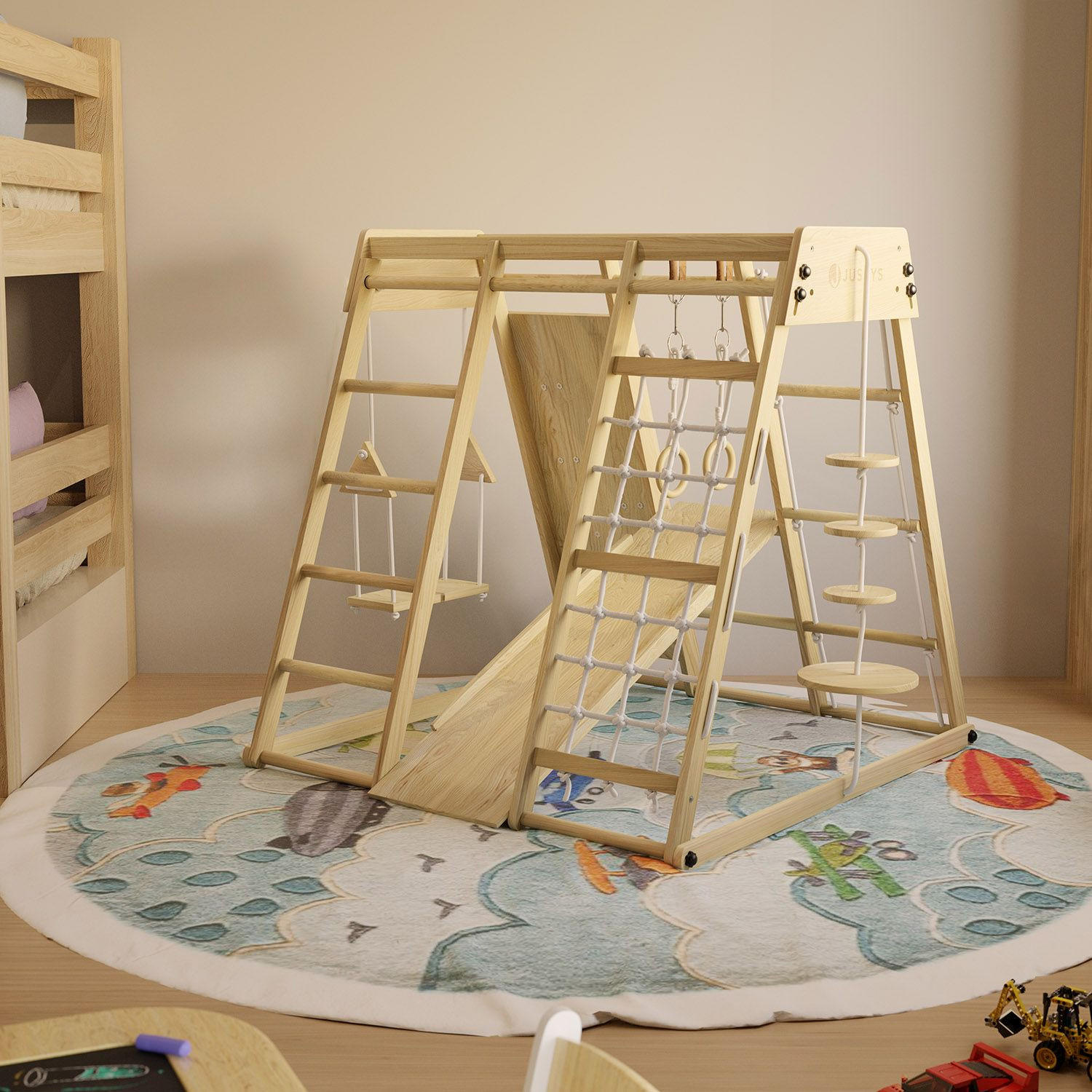 KLETTERGERÜST MAXI für Kinder mit Rutsche - Naturfarben, Holz (119/124cm) - Juskys