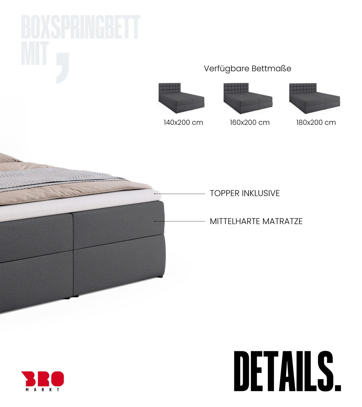 BOXBETT Dakota mit Topper 140/200 Dunkelgrau - Dunkelgrau, Textil (140/200cm) - Bromarkt