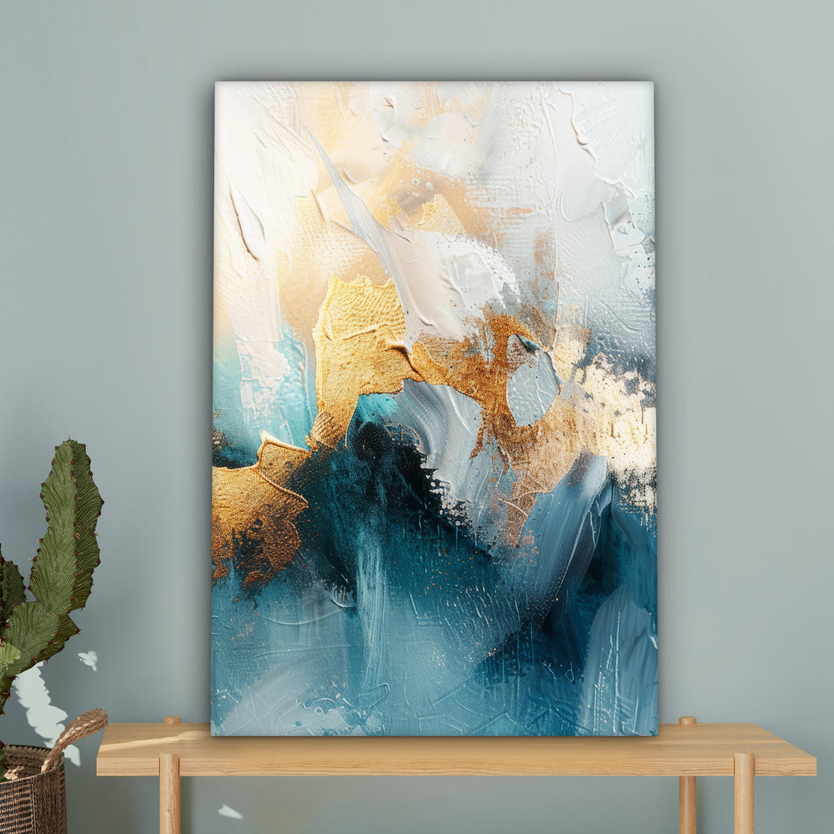 LEINWANDBILD Abstrakt - Kunst - Gold - Blau Wanddeko Schlafzimmer 60x90 cm - Petrol, Textil (60/90cm) - MuchoWow