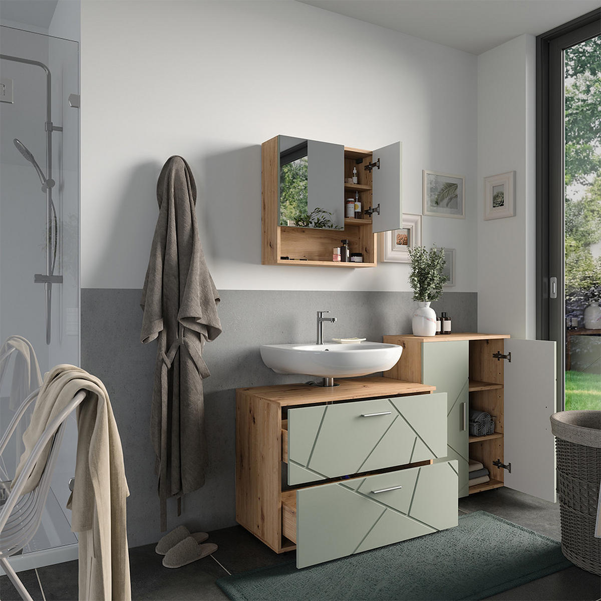 BADMÖBEL-SET Irma Salbeigrün 3 Teile - Salbeigrün, Holzwerkstoff (80/58.6/41cm) - Vicco