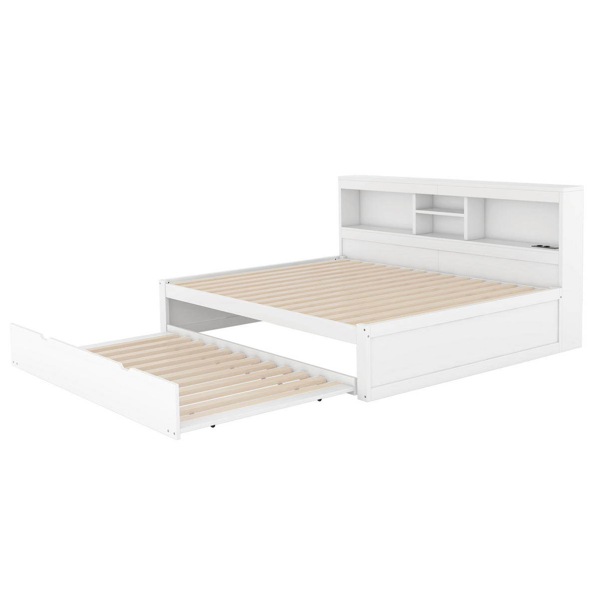 POLSTERBETT aus Spanplatte 140x200 cm in Weiß mit LED, USB, Steckdose & Ausziehbett - Weiß, Holzwerkstoff (140/200cm) - Modfu