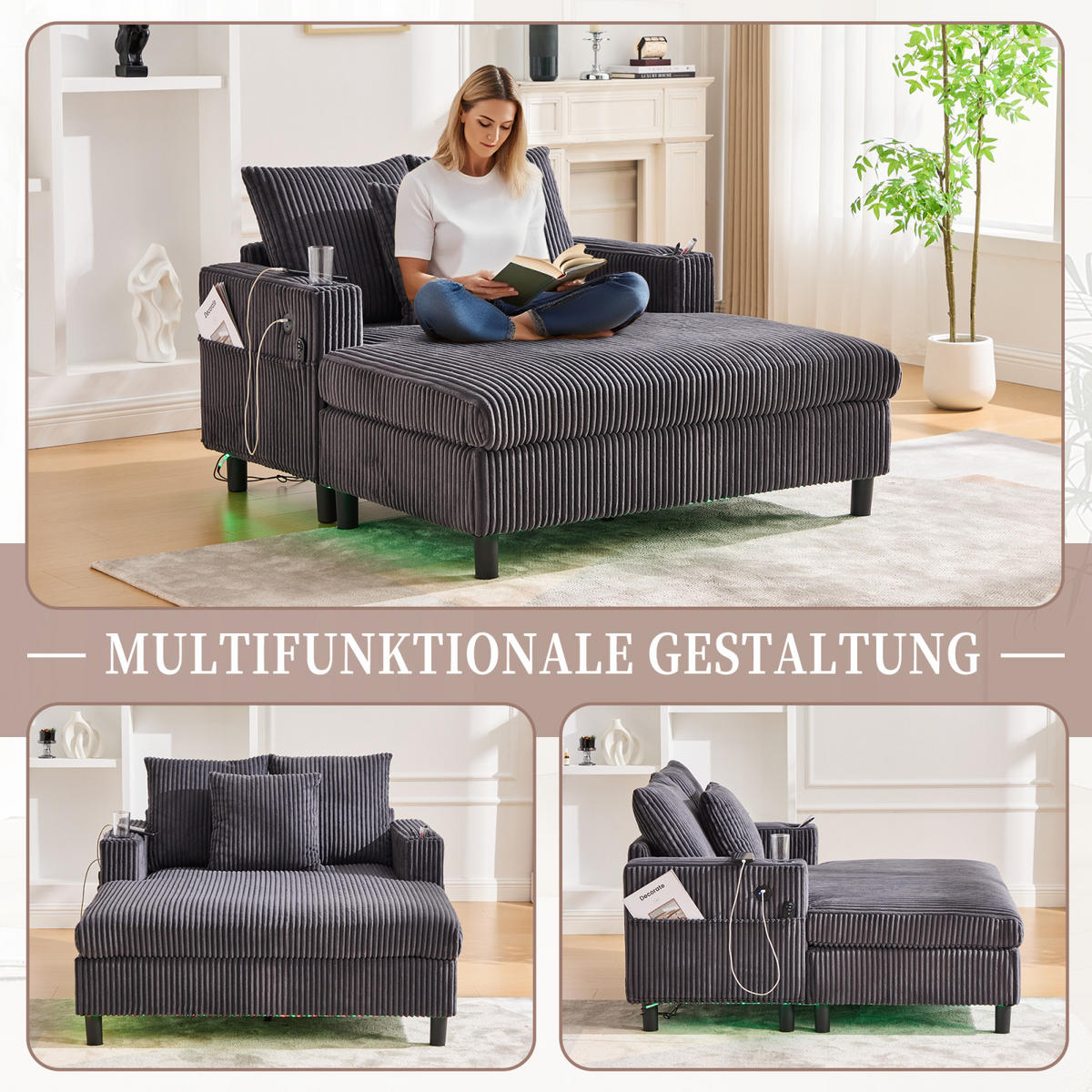 SCHLAFSOFA,SCHLAFCOUCH Grau, Cordbezug mit Beleuchtung&USB und Getränkehalter - Grau, Textil (142/85/128cm) - PARAFTA HOME