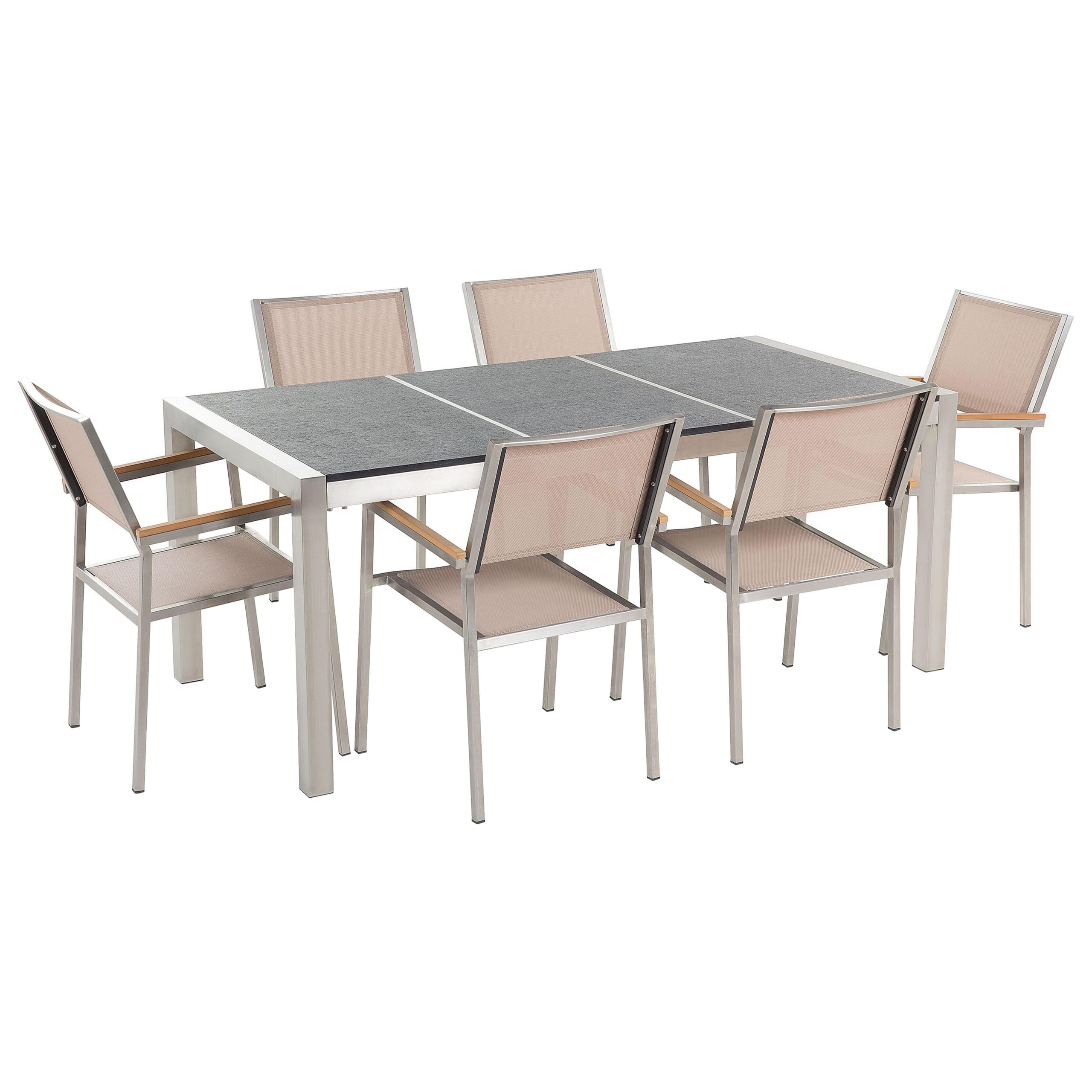 GARTENMÖBEL SET 6-Sitzer Naturstein schwarz geflammt beige Grosseto - Beige/Silberfarben, Metall - Beliani