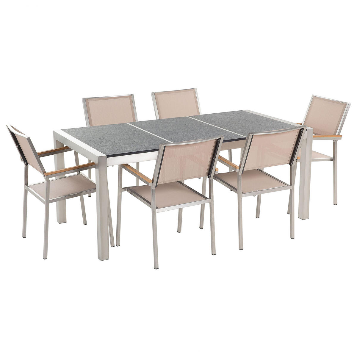 GARTENMÖBEL SET 6-Sitzer Naturstein schwarz geflammt beige Grosseto - Beige/Silberfarben, Metall - Beliani