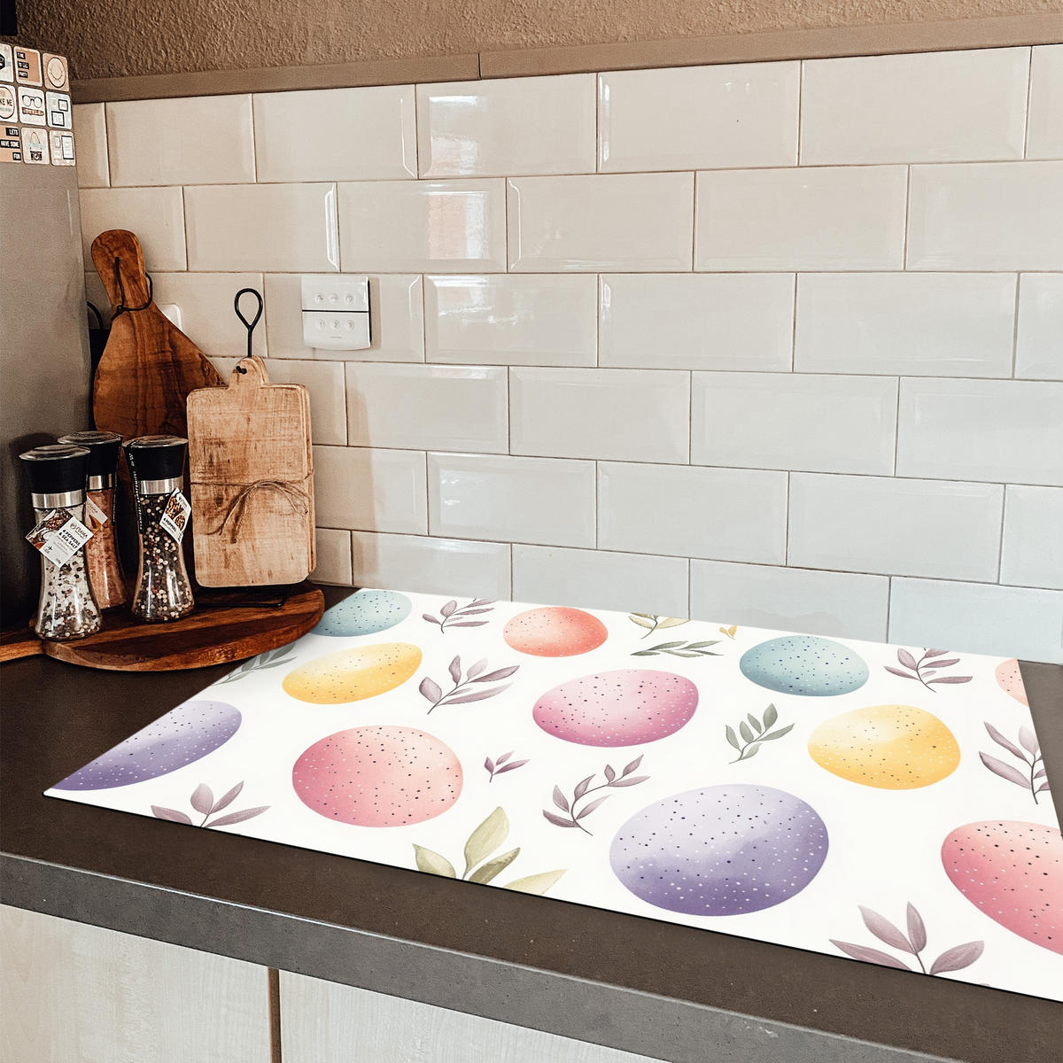 HERDABDECKPLATTE Eier - Bunt - Muster Ceranfeldabdeckung 80x52 cm - Weiß, Kunststoff (80/52/0.2cm) - MuchoWow