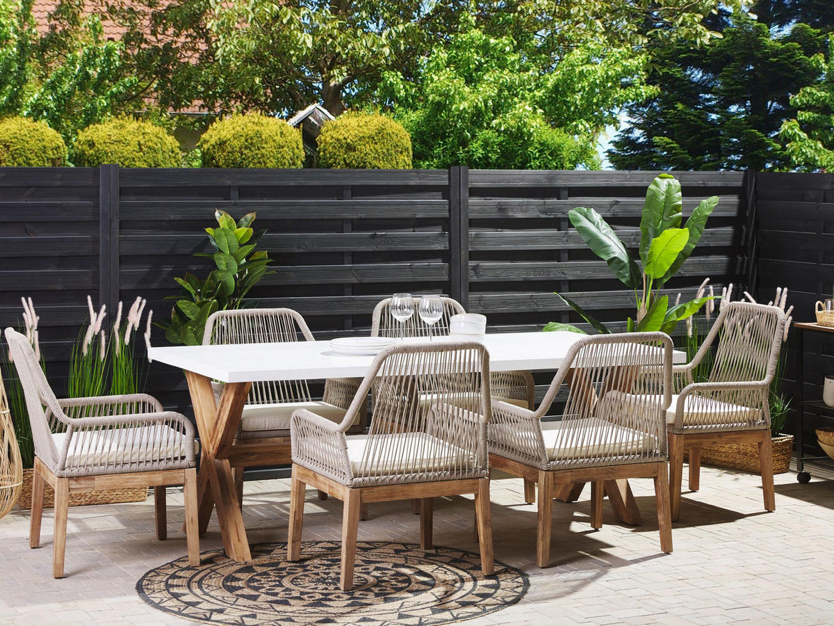 GARTENMÖBEL SET 6-Sitzer Faserzement 200/100 cm weiß/beige Olbia - Hellbraun/Beige, Stein - Beliani