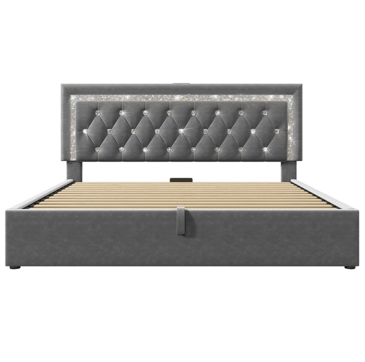 POLSTERBETT aus Samt 160x200 cm Grau mit LED-Beleuchtung, USB- und USB-C-Anschluss sowie Bettkasten - Grau, Textil (160/200cm) - IVMEU