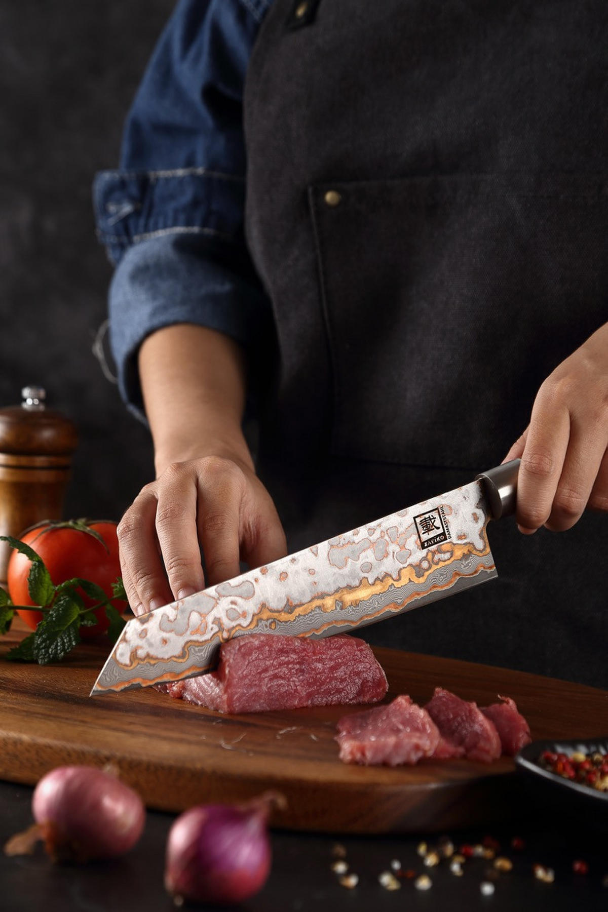 KIRITSUKE MysticMagma Damast - Braun, Holz/Metall (34cm) - Zayiko