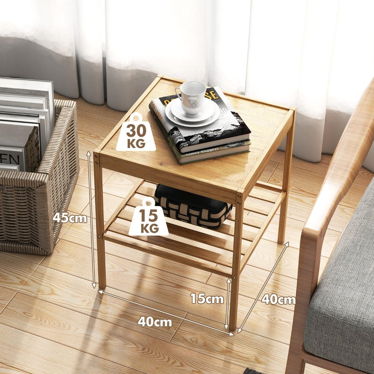 NACHTTISCHE 2er-Set aus Bambus, 2-stufiger Beistelltisch 40 x 40 x 45 cm, Natur - Naturfarben, Naturmaterialien/Holzwerkstoff (40/45/40cm) - DESIGN IN