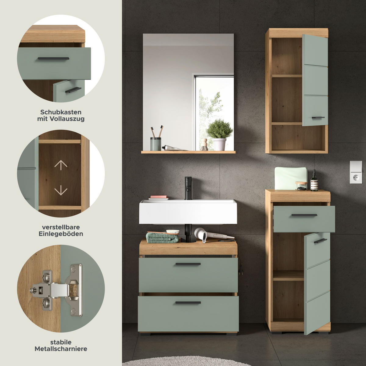 BADKOMBINATION 4tlg. Scout Bad in Artisan Eiche Nachbildung und Salbei Nachbildung B/H/T: 112x191x34 cm - Eiche Artisan, Holz (112/191/37cm)