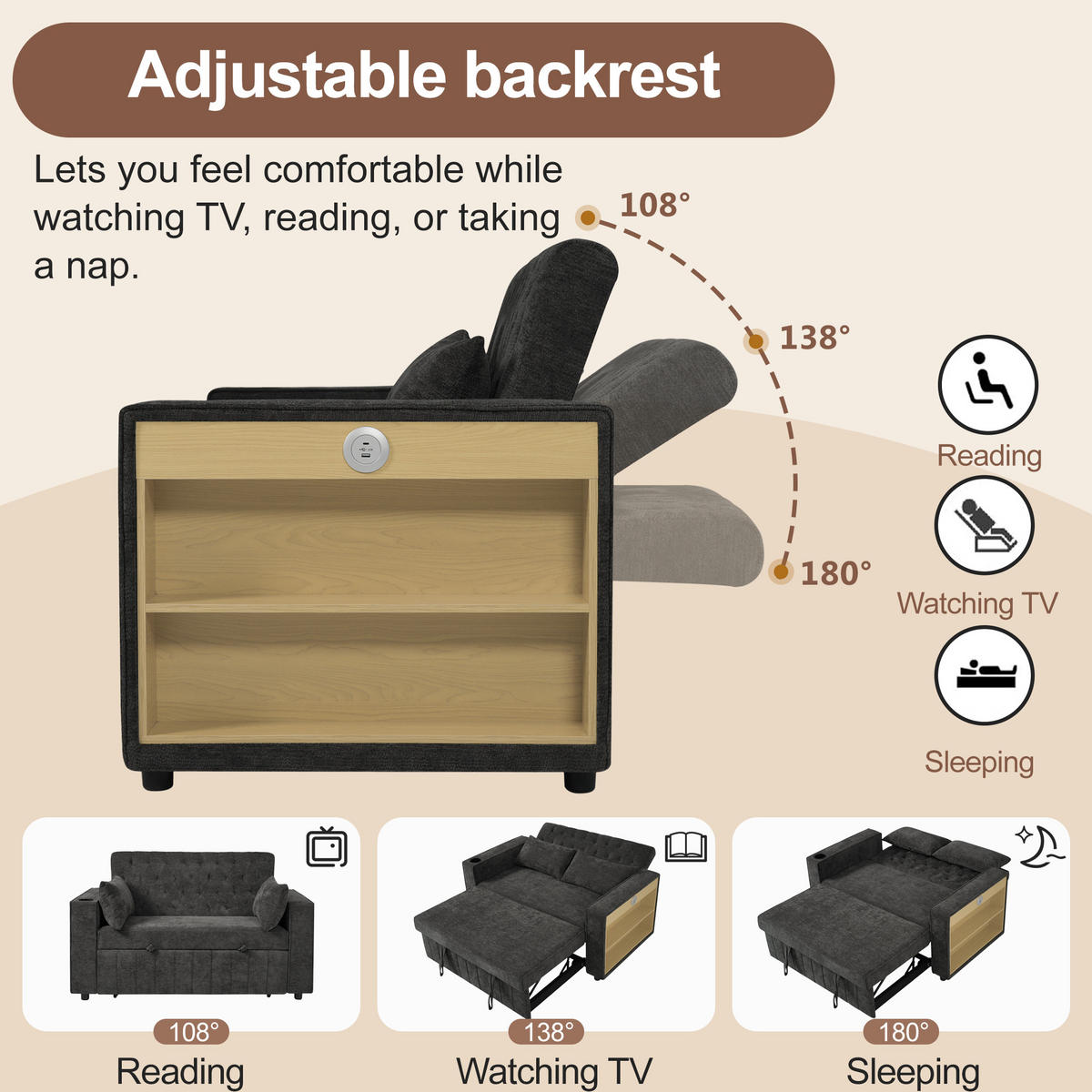 SCHLAFSOFA mit Stauraum, Getränkehalter, USB und Kissen, Grau - Grau, Textil (140/84/137cm)