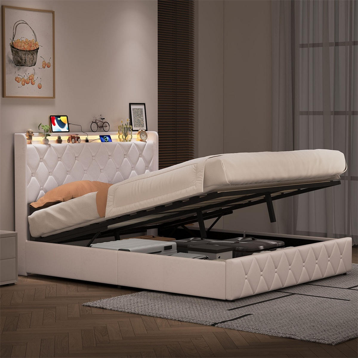 POLSTERBETT 160x200 cm mit hydraulischem Stauraum - Kopfteil Regal & LED - USB - ohne Matratze - Beige - Beige, Textil (160/200cm) - DELFA
