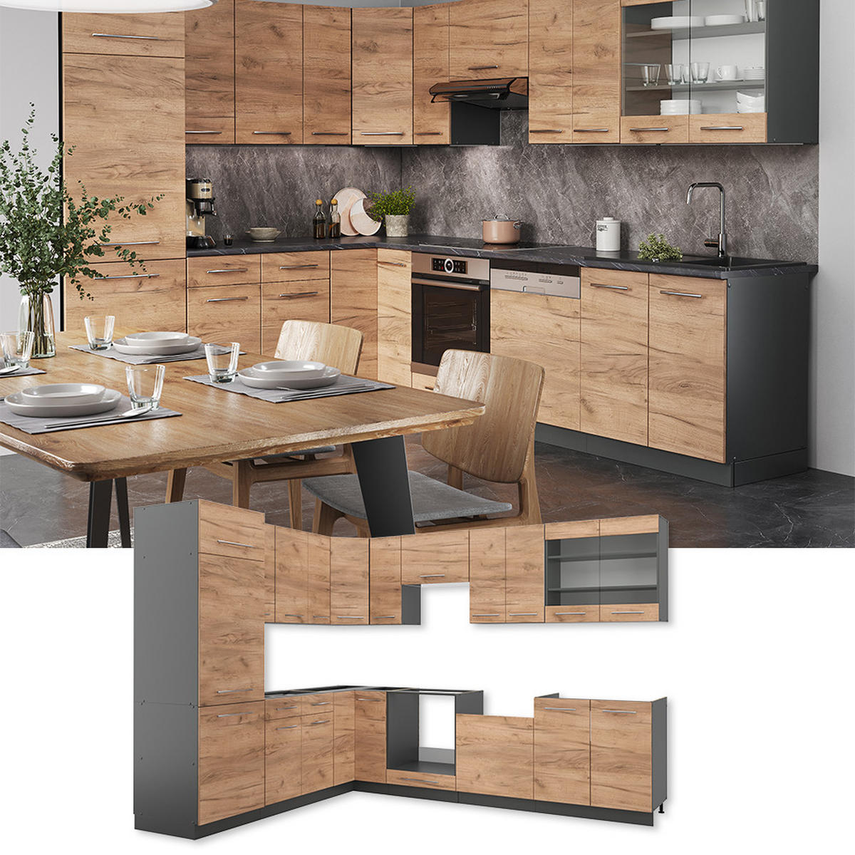 ECKKÜCHE Fame-Line Goldkraft Eiche/Anthrazit 227 x 287 cm, AP Eiche - Anthrazit/Eiche Wotan, Holzwerkstoff (287/81.6/60cm) - Vicco