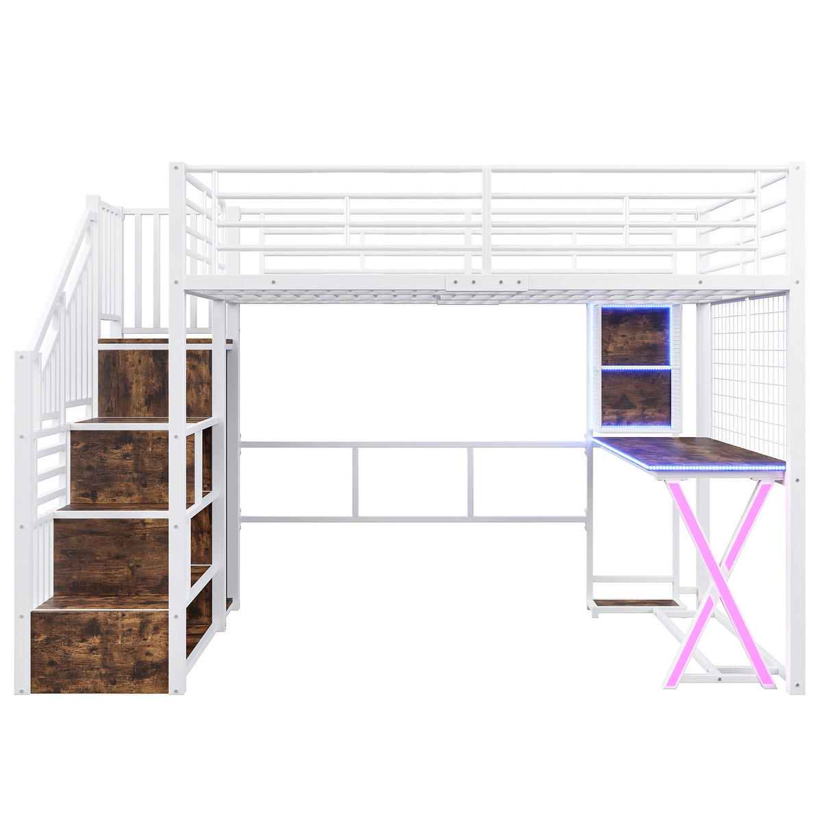 GORNJI krevet od metala i MDF-a 140x200 cm bijela s LED osvjetljenjem, stolom, ormarom i policama - bijela, metal (140/200cm) - Modfu