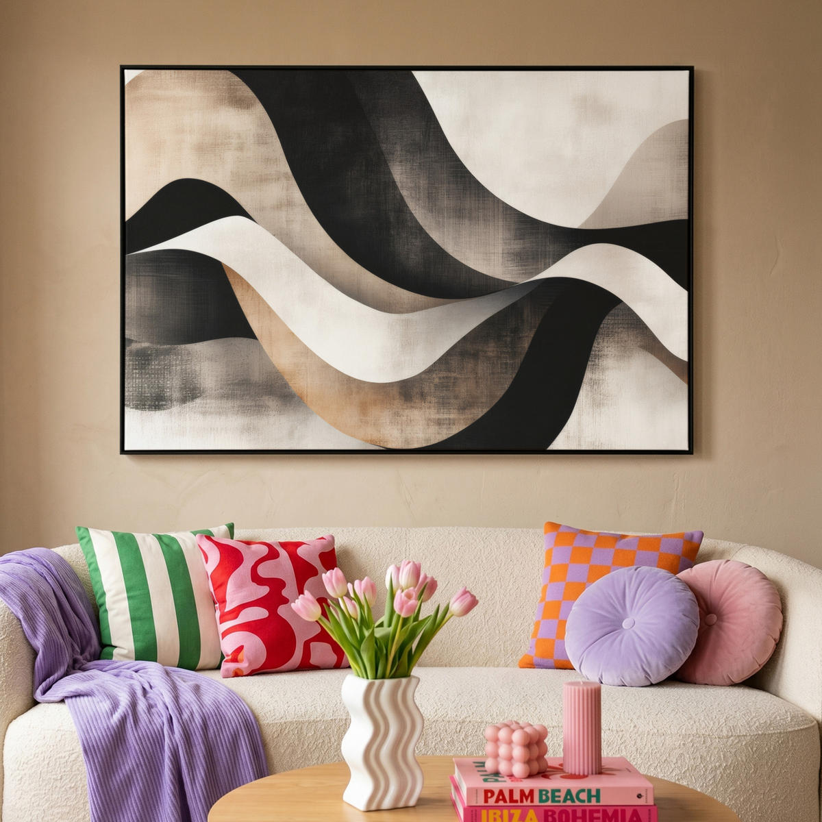 LEINWAND Bilder mit Rahmen - Abstrakt - Wellen - Schwarz - Verwittert - 140x90 - Trüffeleichefarben, Textil (140/90cm) - MuchoWow