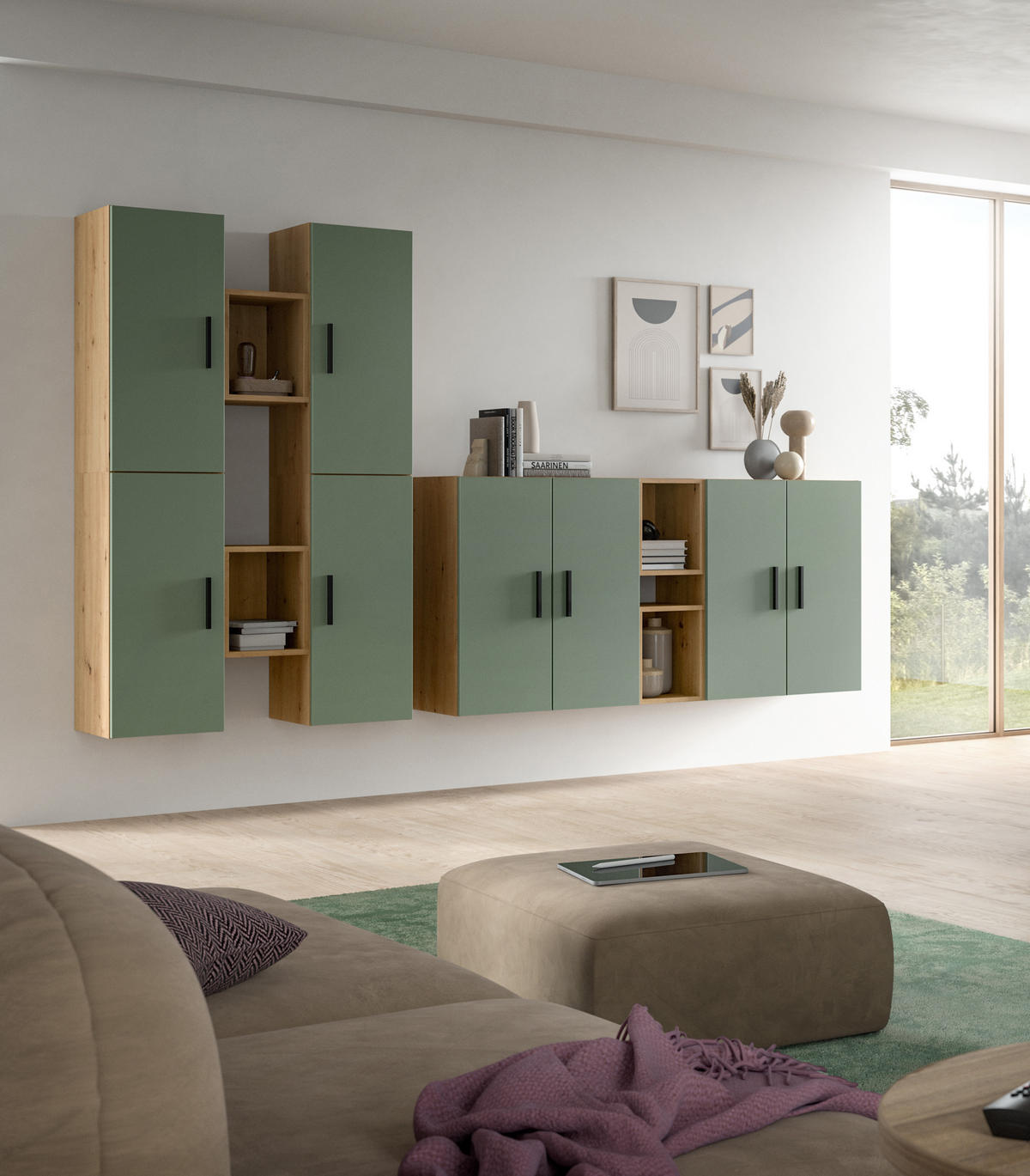 WOHNWAND Primo 4 tlg. (B/H/T: ca. 270/182/34 cm) in Artisan Oak /Smoke Green - Eiche Artisan, Holzwerkstoff (270/182/34cm)