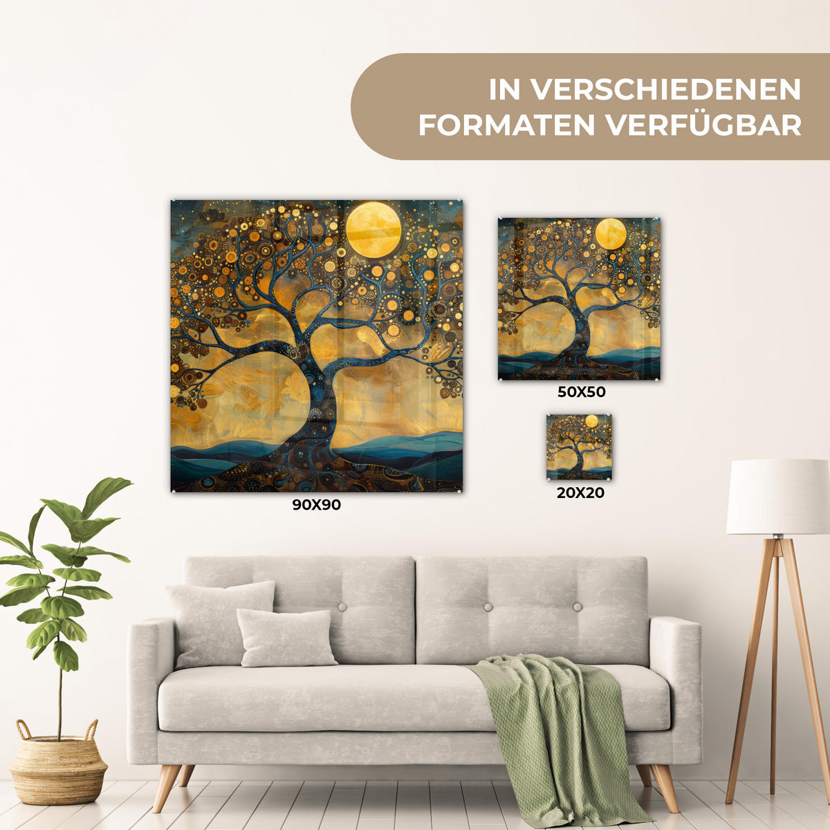 ACRYLGLASBILD Baum - Mond - Blumen - Gold - Kunst 50x50 cm - Orange, Glas (50/50cm) - MuchoWow
