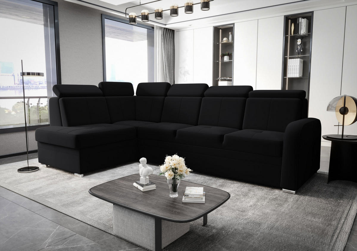ECKSOFA KONGO RBN11, Eckcouch in L-Form mit Schlaffunktion, Farbe: Schwarz, Velourstoff, Ottomane Links - Schwarz, Textil (304/180cm) - O-Sofa