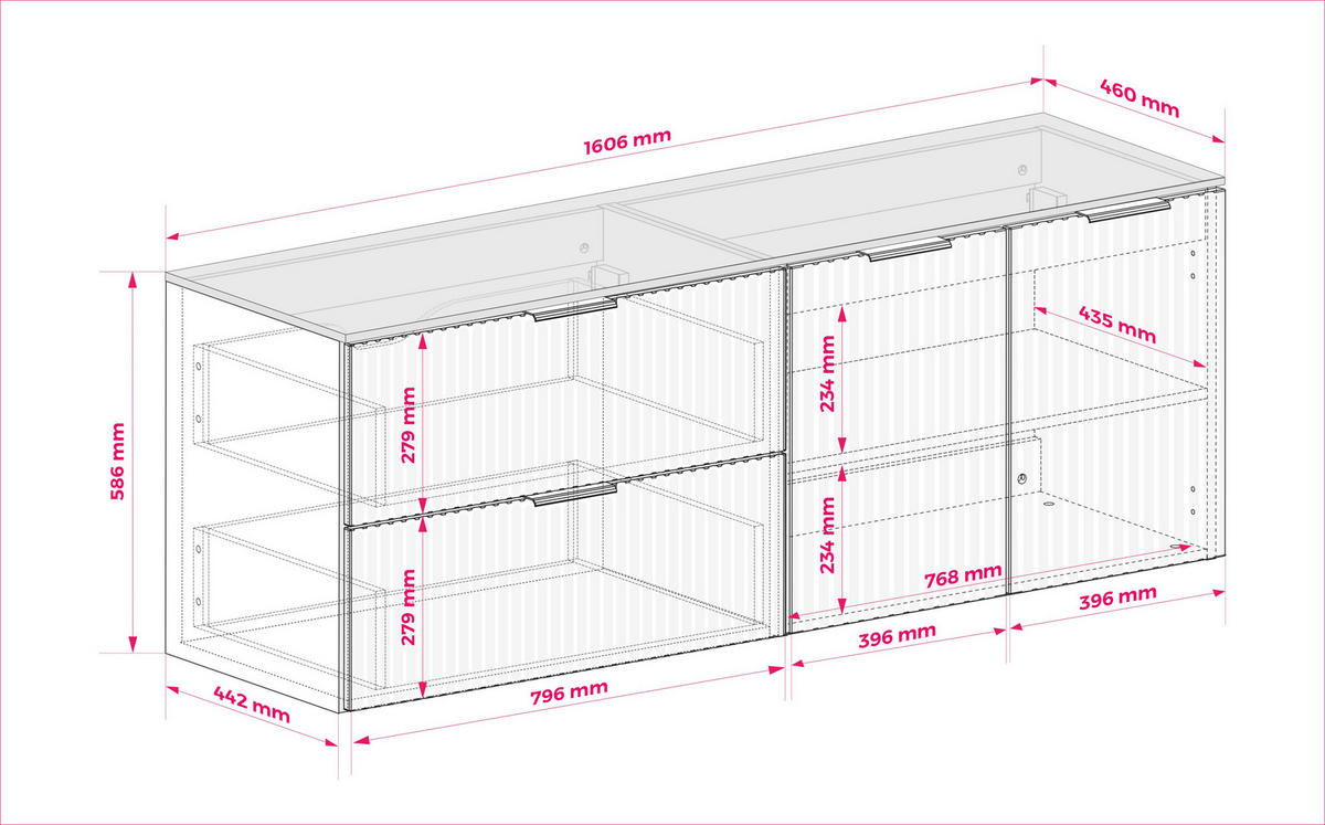 BADEZIMMER-SET, 57×46×160 cm, weiß / schwarze Arbeitsplatte, schwarzer Griff - Weiß, Holzwerkstoff (160/57/46cm) - 3XE LIVING