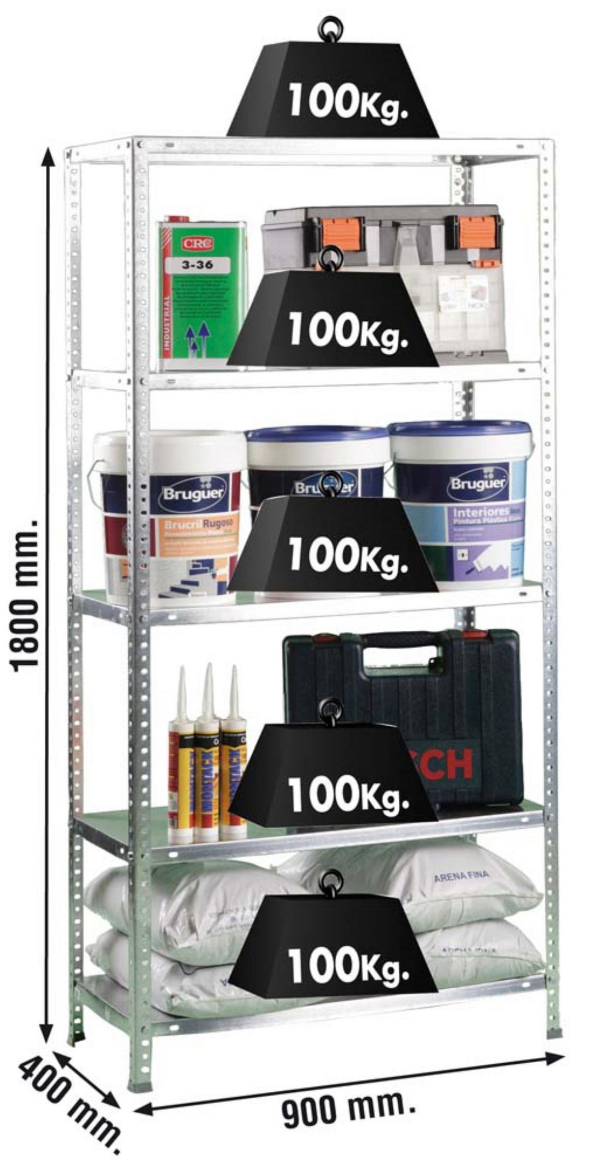 SCHRAUBREGAL PANDA TALL | HxBxT 200x100x40cm | 5 Fachböden | Fachlast 100kg | Verzinkt - Silberfarben, Metall (100/200/40cm) - PROREGAL
