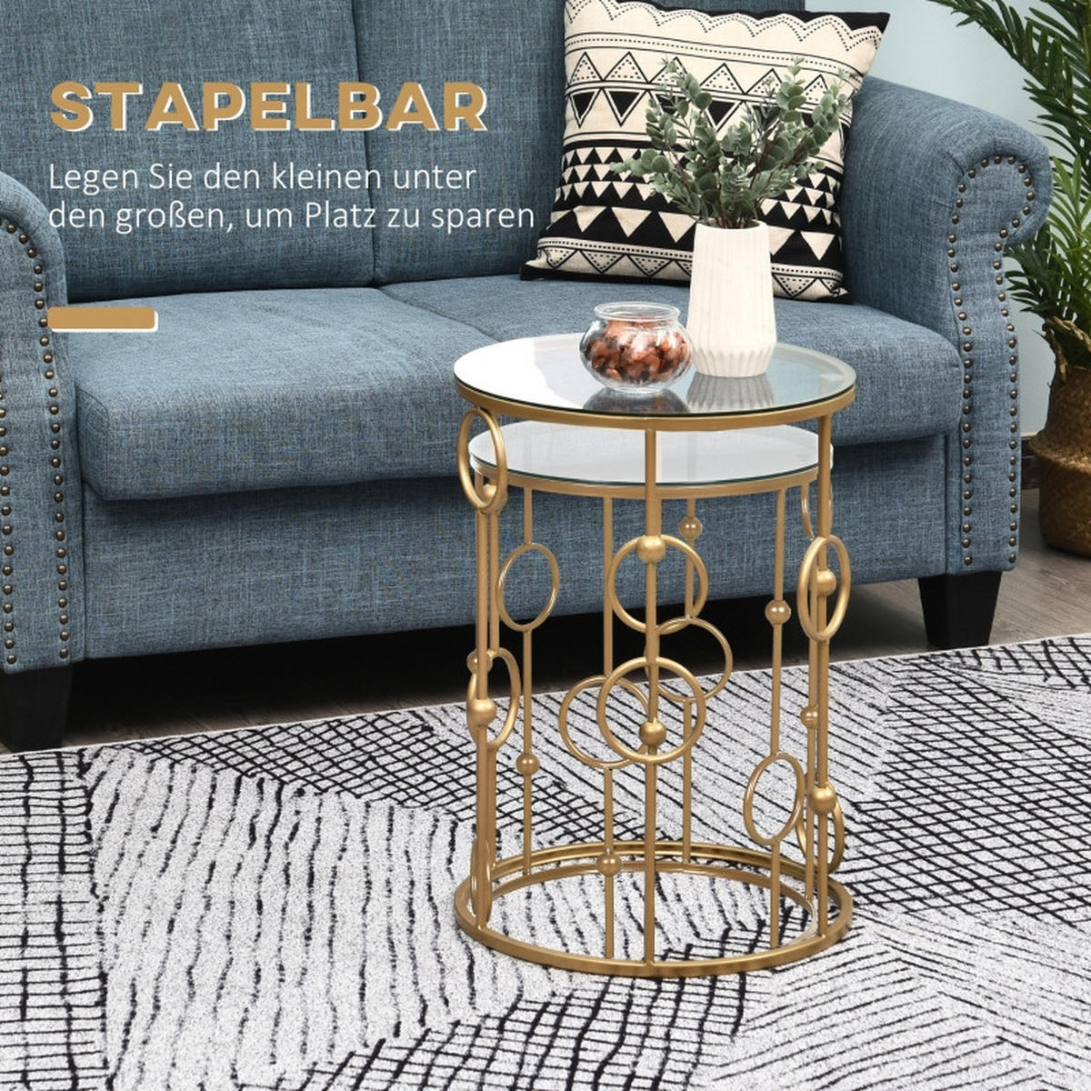 BEISTELLTISCH-SET 41/41/57 cm gold im Nesting-Design mit Glasplatte aus Metall - Goldfarben, Metall (41/41/57cm) - OKWISH