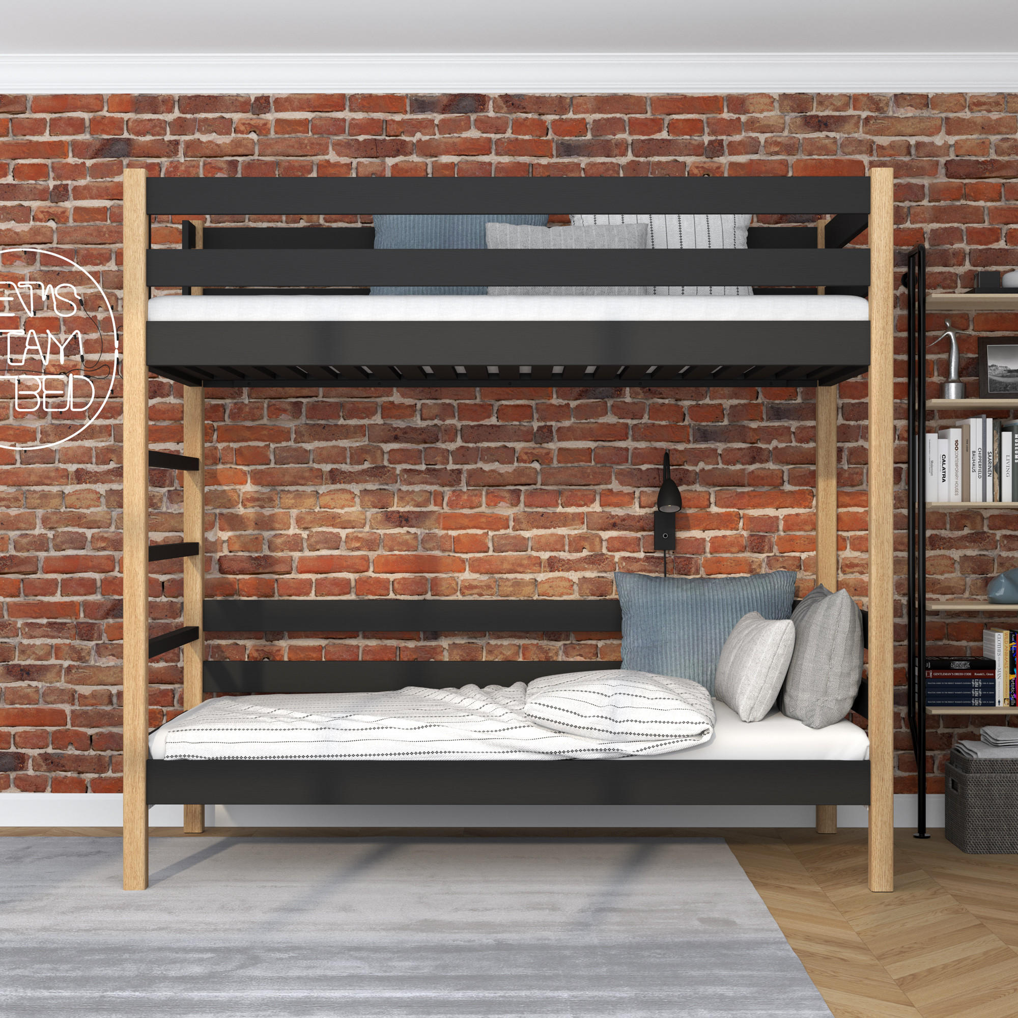 ETAGENBETT N03 Schwarz / Eiche Natur 90/190 - Schwarz/Eiche Artisan, Naturmaterialien/Holz (90/190cm) - N-Wood