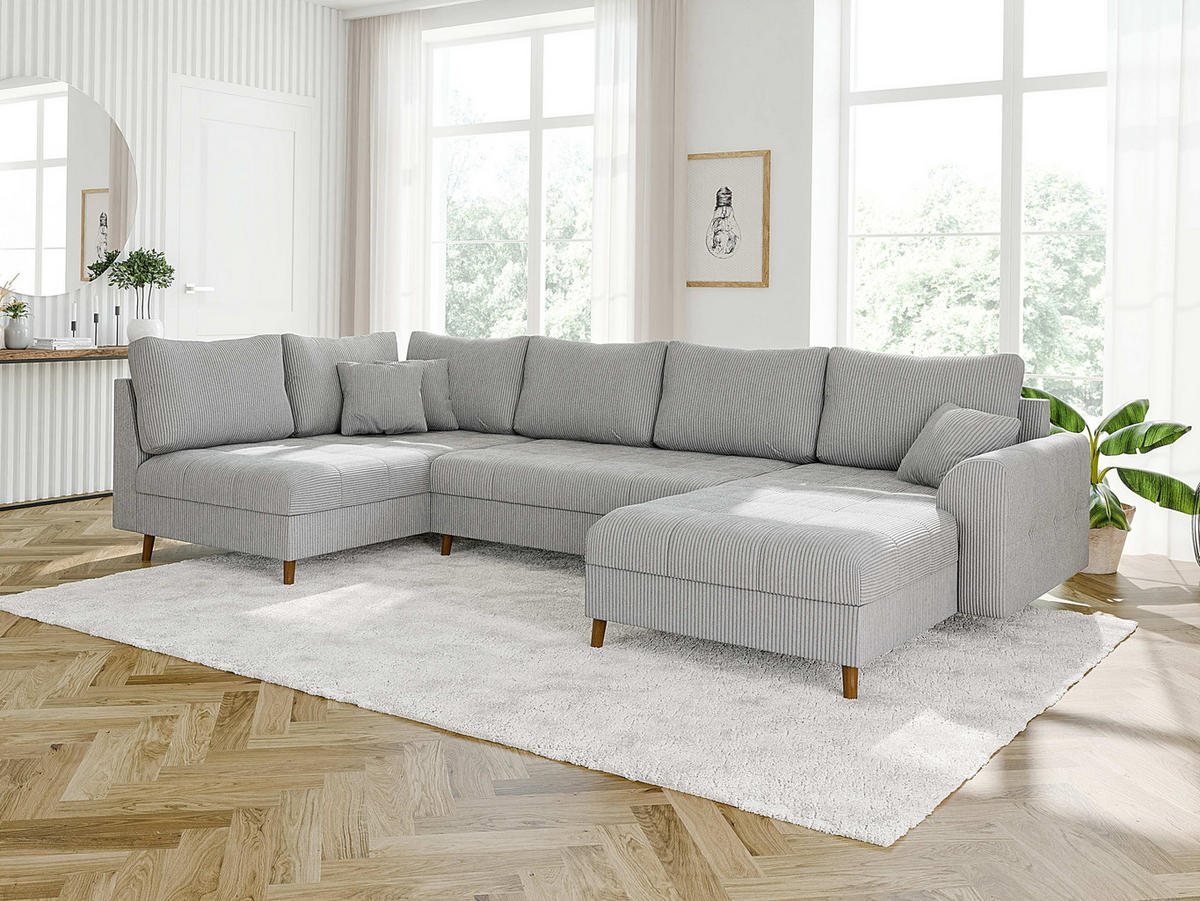 WOHNLANDSCHAFT inkl. Hocker Alma Hellgrau Cord - Hellgrau/Braun, Holz/Textil (310/81/161cm) - S-Style Möbel