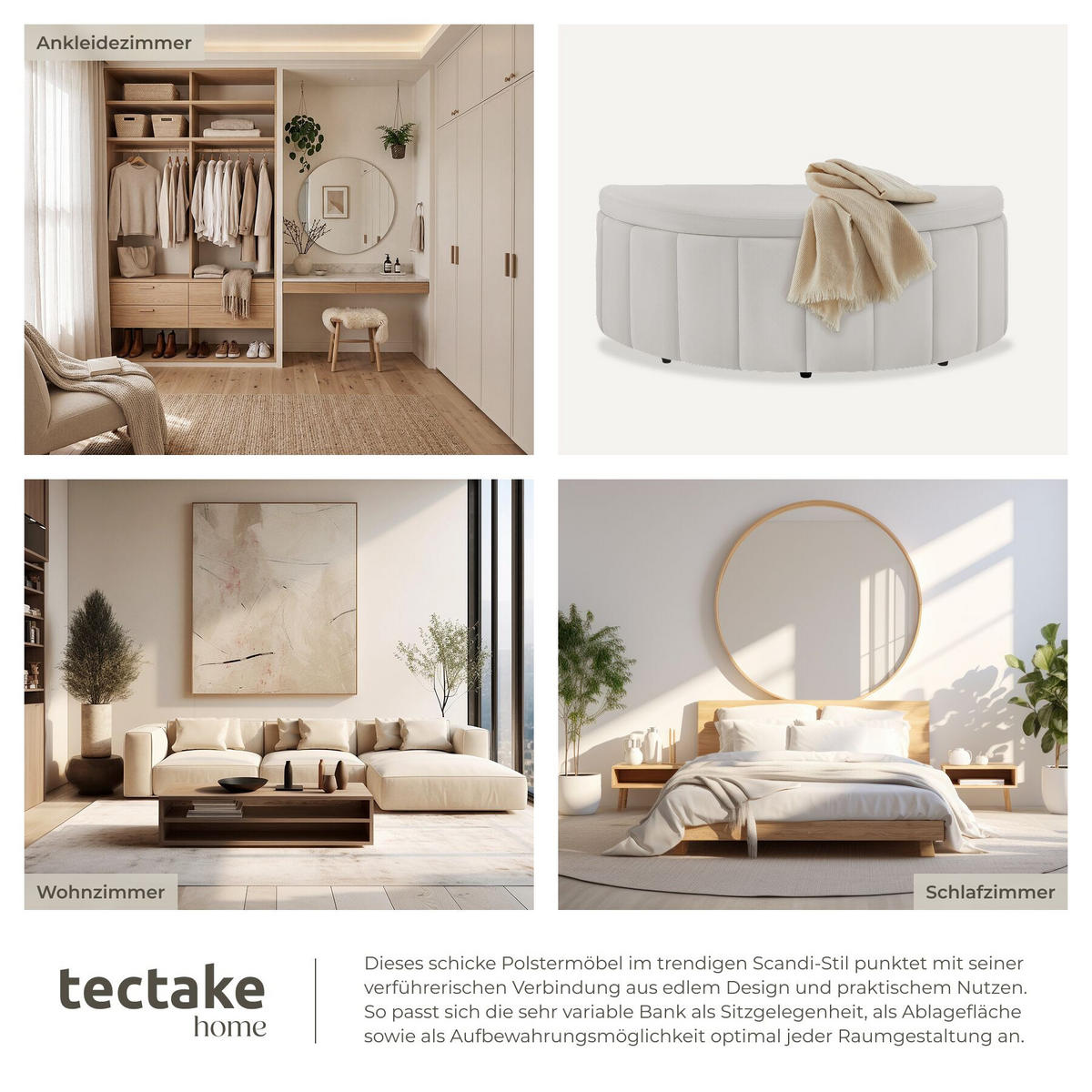 POLSTERBANK Moon mit großem Stauraum, Belastbarkeit 150 kg, 108 x 48 x 38,5 cm, Samtoptik taupe - Taupe, Holz (108/40/48cm) - tectake