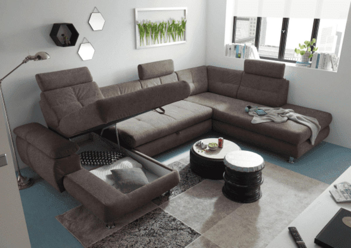WOHNLANDSCHAFT mit Schlaffunktion, Bettkasten und verstellbaren Arm- und Kopflehnen - Chromfarben/Braun, Textil/Metall (233/88/349cm) - ed exciting design