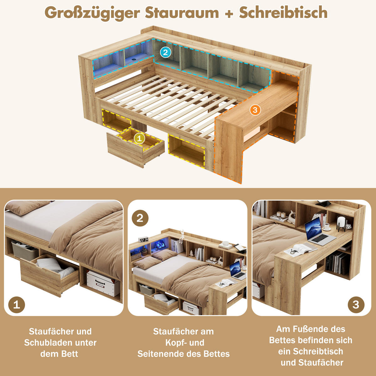 KINDEREINZELBETTEN aus MDF in Natur mit LED-Beleuchtung, USB/Type-C & Schreibtisch - Naturfarben, Holzwerkstoff (90/200cm) - Modfu