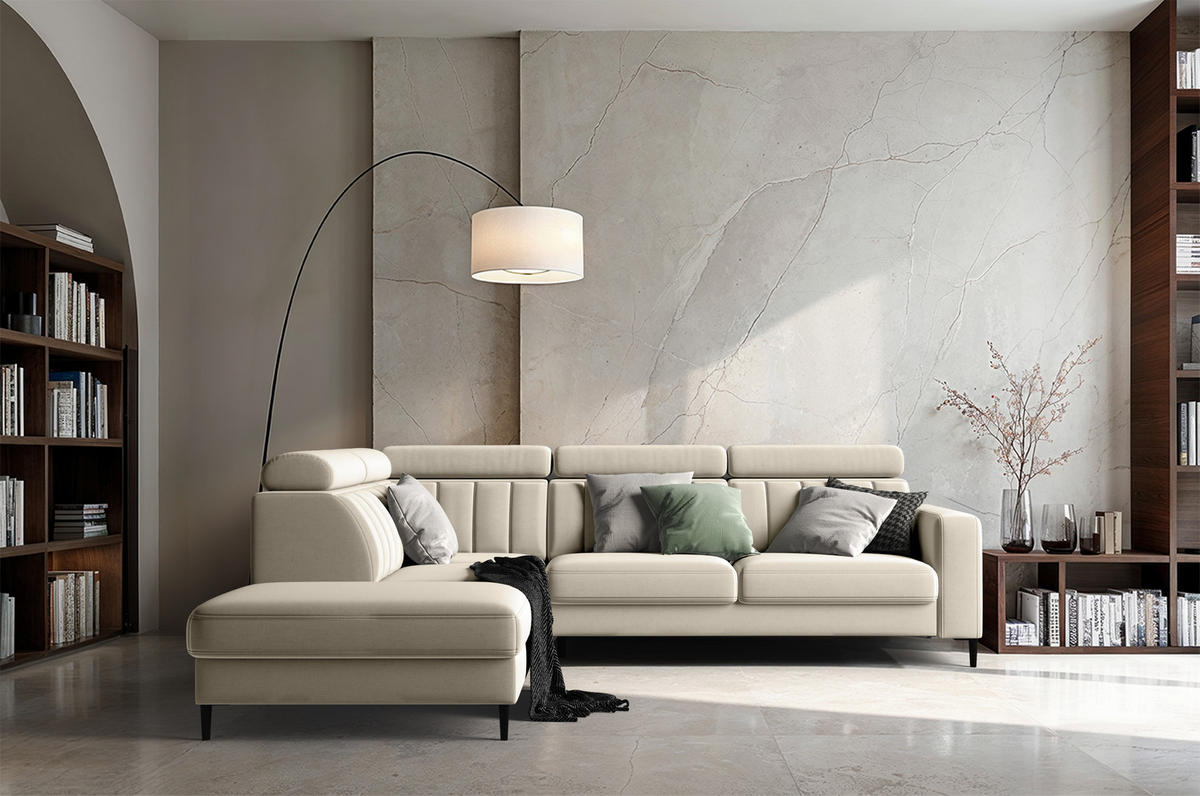 ECKSOFA Wohl rechts – Beige, mit Schlaffunktion, Bettkasten und verstellbaren Kopfstützen - Beige, Textil (278/263cm)