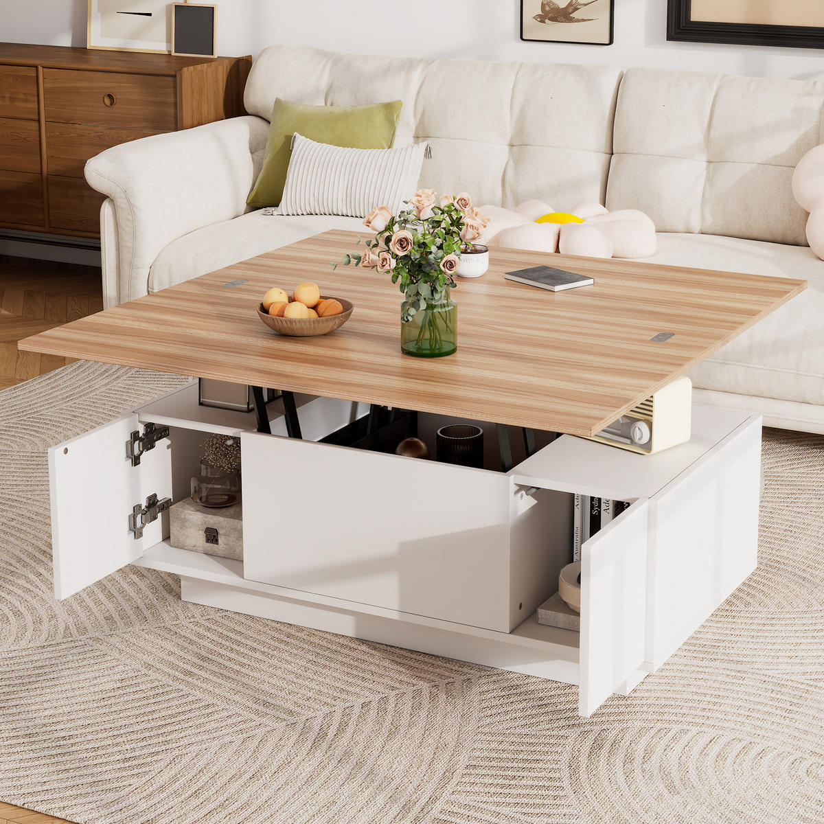 COUCHTISCH in Weiß+Naturfarben Couchtisch mit Doppel-Hebemechanismus, verstecktem Stauraum, B100/T50/H55,5 cm - Weiß, Holzwerkstoff (50/100/55.5cm) - STILVORA