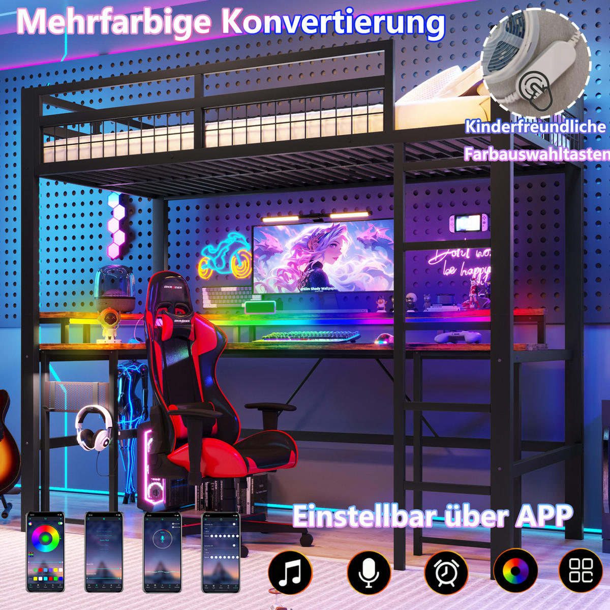 HOCHBETT 90/200 cm aus Metall mit Schreibtisch und LED-Beleuchtung, schwarz - Schwarz, Metall (90/200cm) - Flora Grace