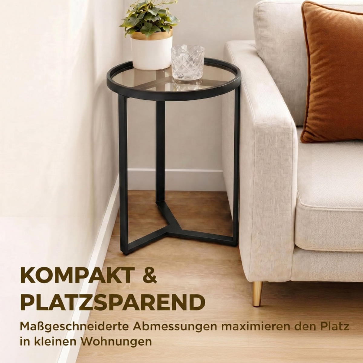 BEISTELLTISCH DE-37208 rund mit Glasplatte Schwarz - Schwarz, Metall (45/45/50cm) - ComfortXL