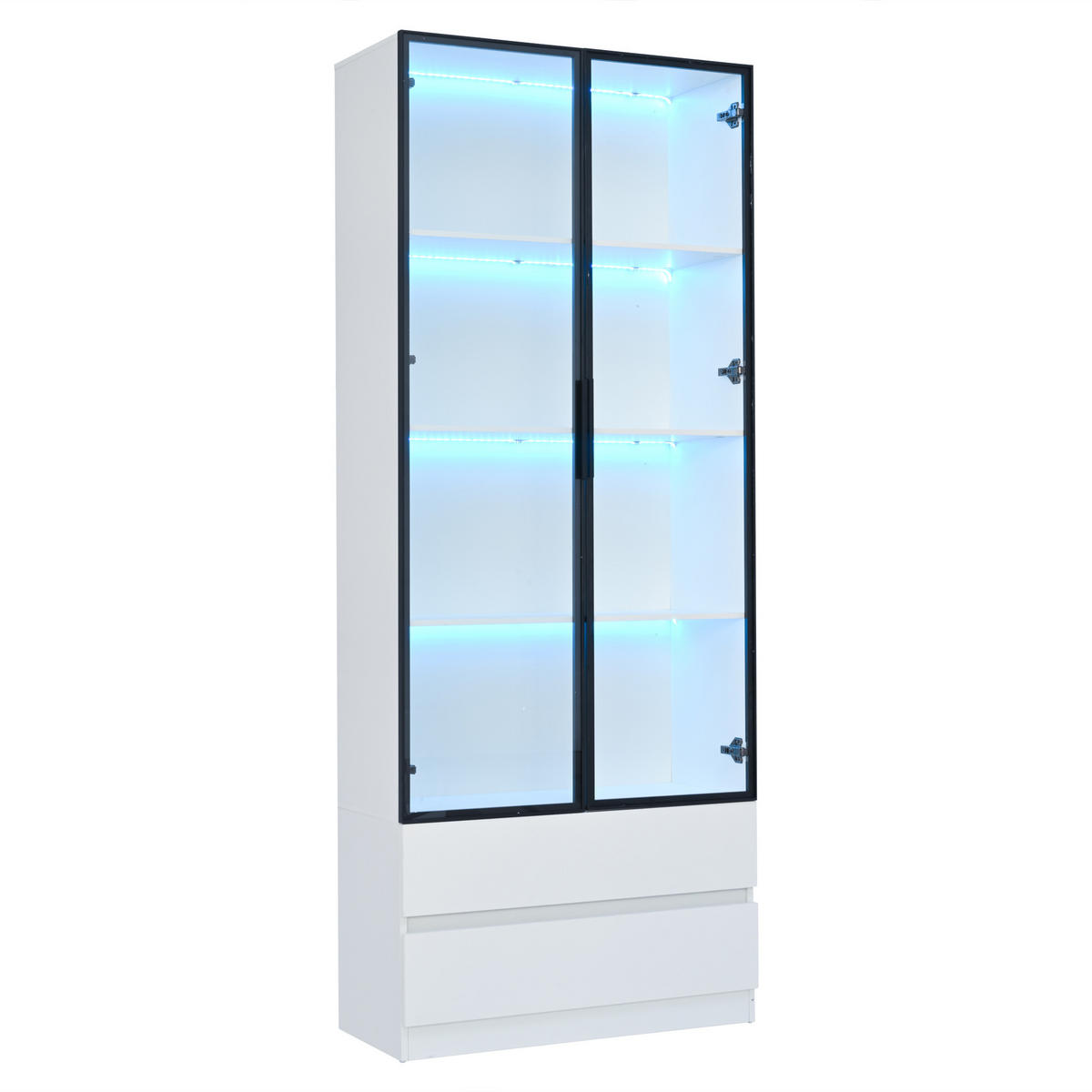 VITRINE LED Hochschrank 2 Türen 2 Schubladen Weiß - Weiß, Holzwerkstoff (80/200/34cm) - FLIEKS