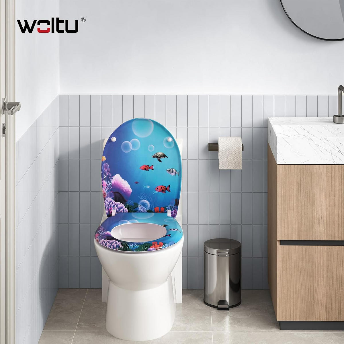 WC SITZ mit Absenkautomatik, Duroplast, Fische Oval - Blau/Weiß, Kunststoff (37/2.51/45cm) - Woltu