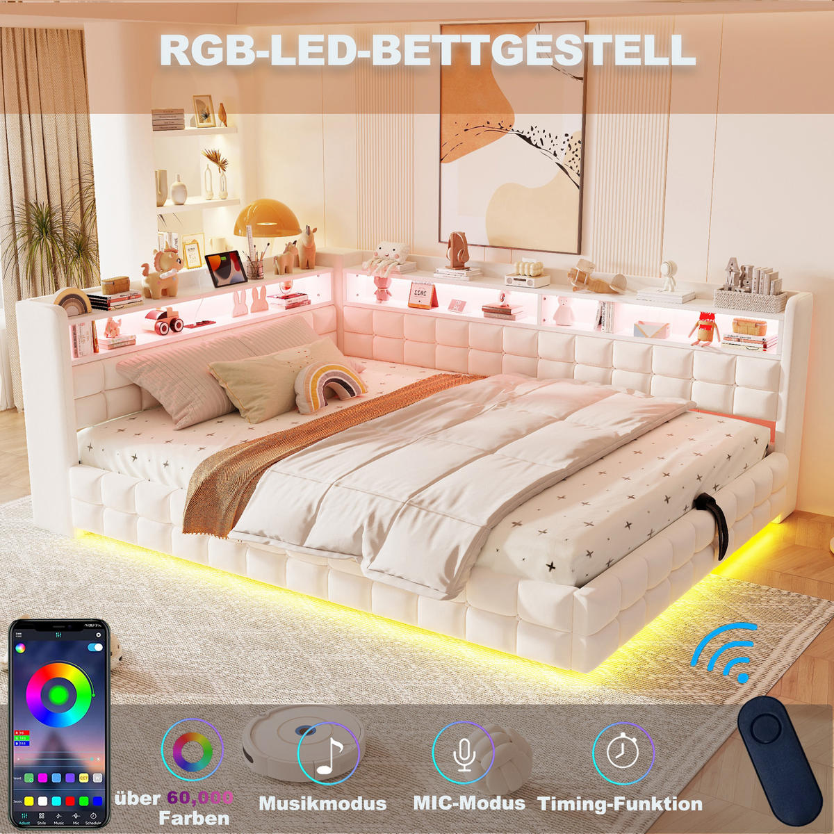 POLSTERBETT Beige 140×200cm mit hydraulischem Stauraum, Holzregal, LED-Lichtleiste und Ladeanschlüssen - Beige, Textil (140/200cm) - Luhomfu
