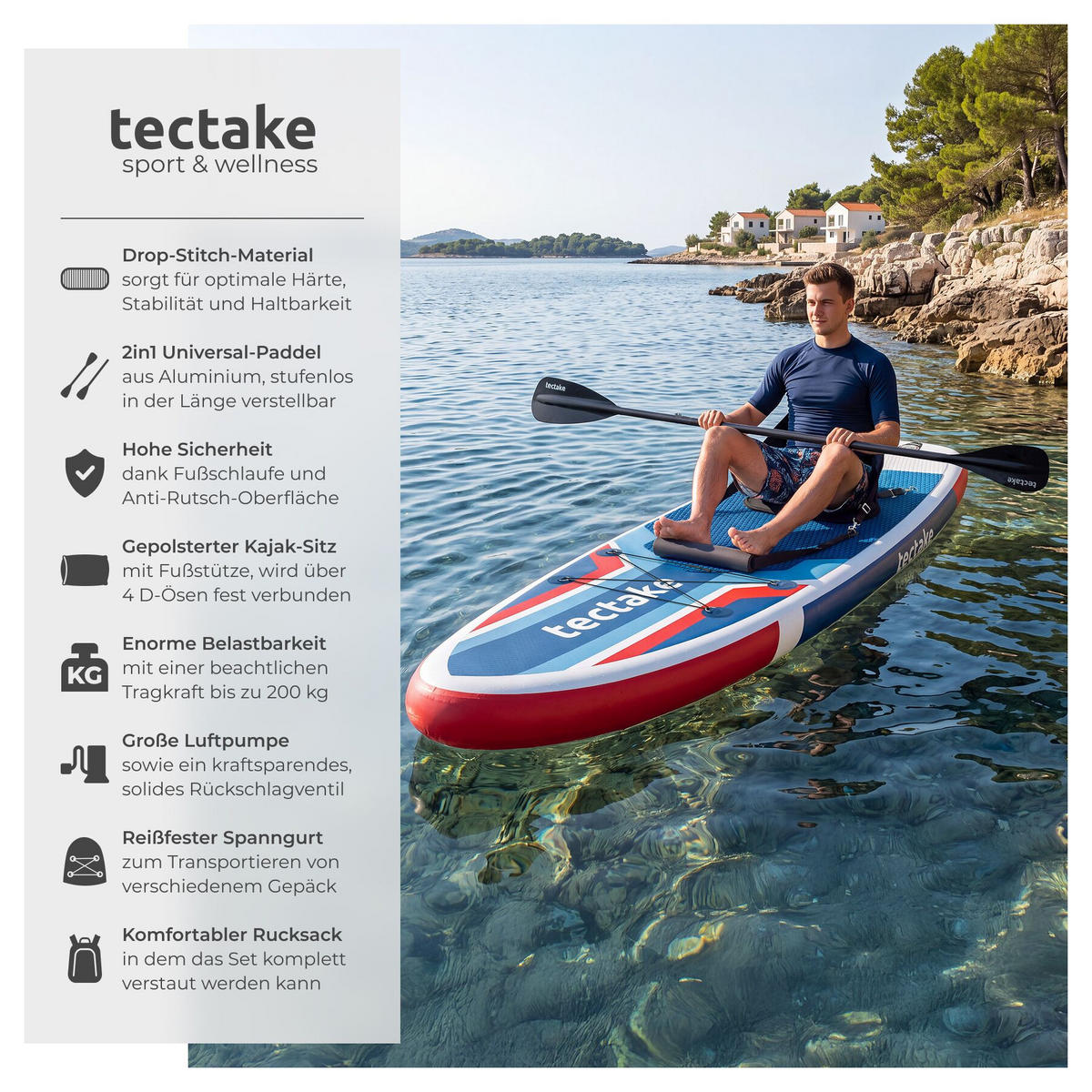 STAND UP PADDLE BOARD Poseidon, Belastbarkeit 200 kg, inklusive Kajak-Sitz, rot/blau - Rot, Kunststoff (320/84/0.4cm) - tectake