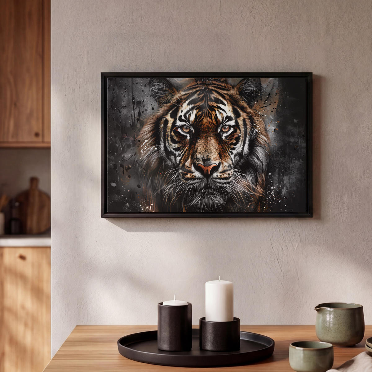 LEINWAND Bilder mit Rahmen - Tiger - Tiere - Porträt - Luxus - Schwarz - 30x20 - Braun, Textil (30/20cm) - MuchoWow