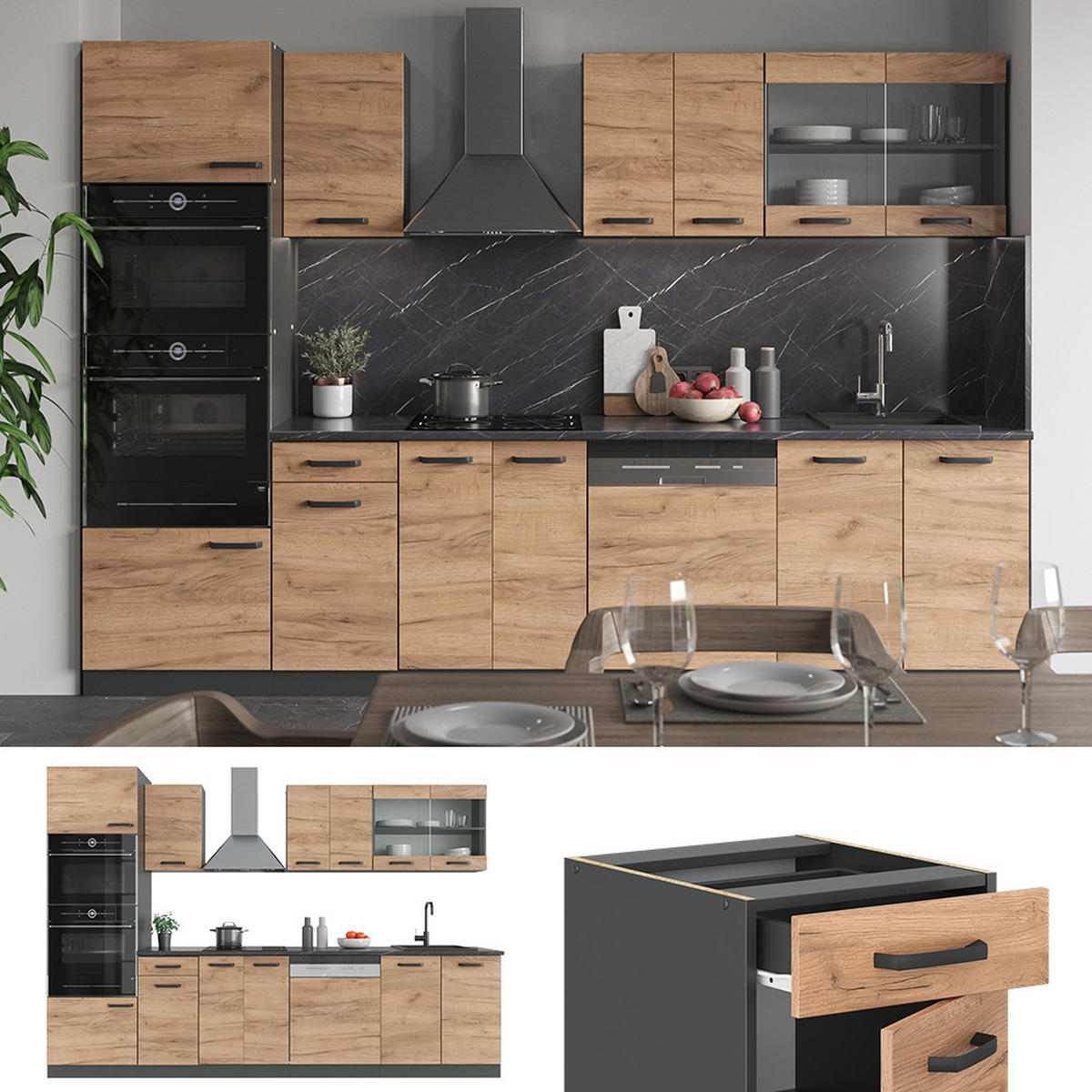 KÜCHENZEILE R-Line Goldkraft Eiche/Anthrazit 300 cm mit Hochschrank AP Eiche - Honigeiche/Anthrazit, Holzwerkstoff (300/81.6/60cm) - Vicco