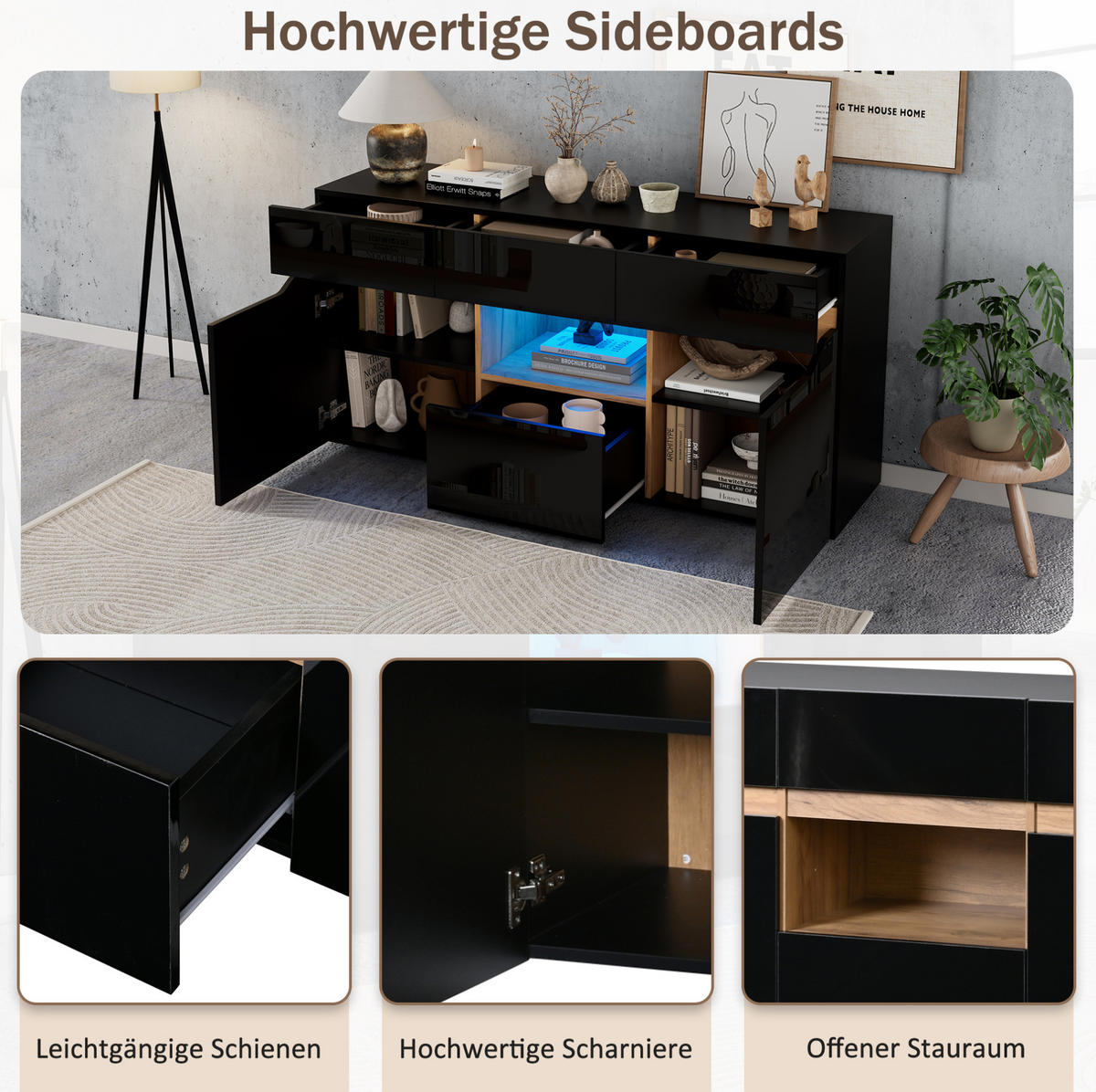 SIDEBOARD aus Spanplatte 140x40x70 cm Schwarz/Naturholz mit LED-Beleuchtung, 4 Schubladen, 2 Schränken und Hochglanz-Front - Schwarz, Holzwerkstoff (140/70/40cm) - Modfu