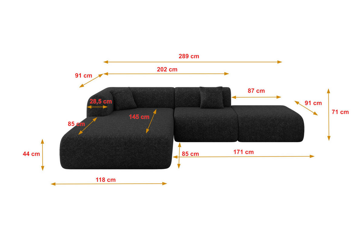 ECKSOFA Ottomane Links OVLY-L 289x176x71 Schwarz Chenille - Schwarz, Holzwerkstoff/Kunststoff (176/289cm) - ALTDECOR