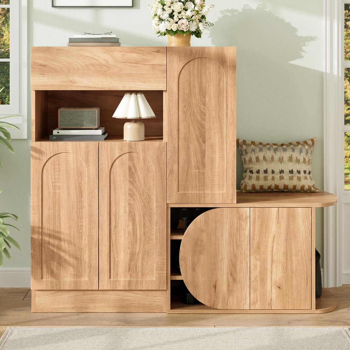 SCHUHSCHRANK mit Sitzbank 5 Türen Stauraum Natur Modern - Naturfarben, Holzwerkstoff (130/110.5/35cm) - FLIEKS