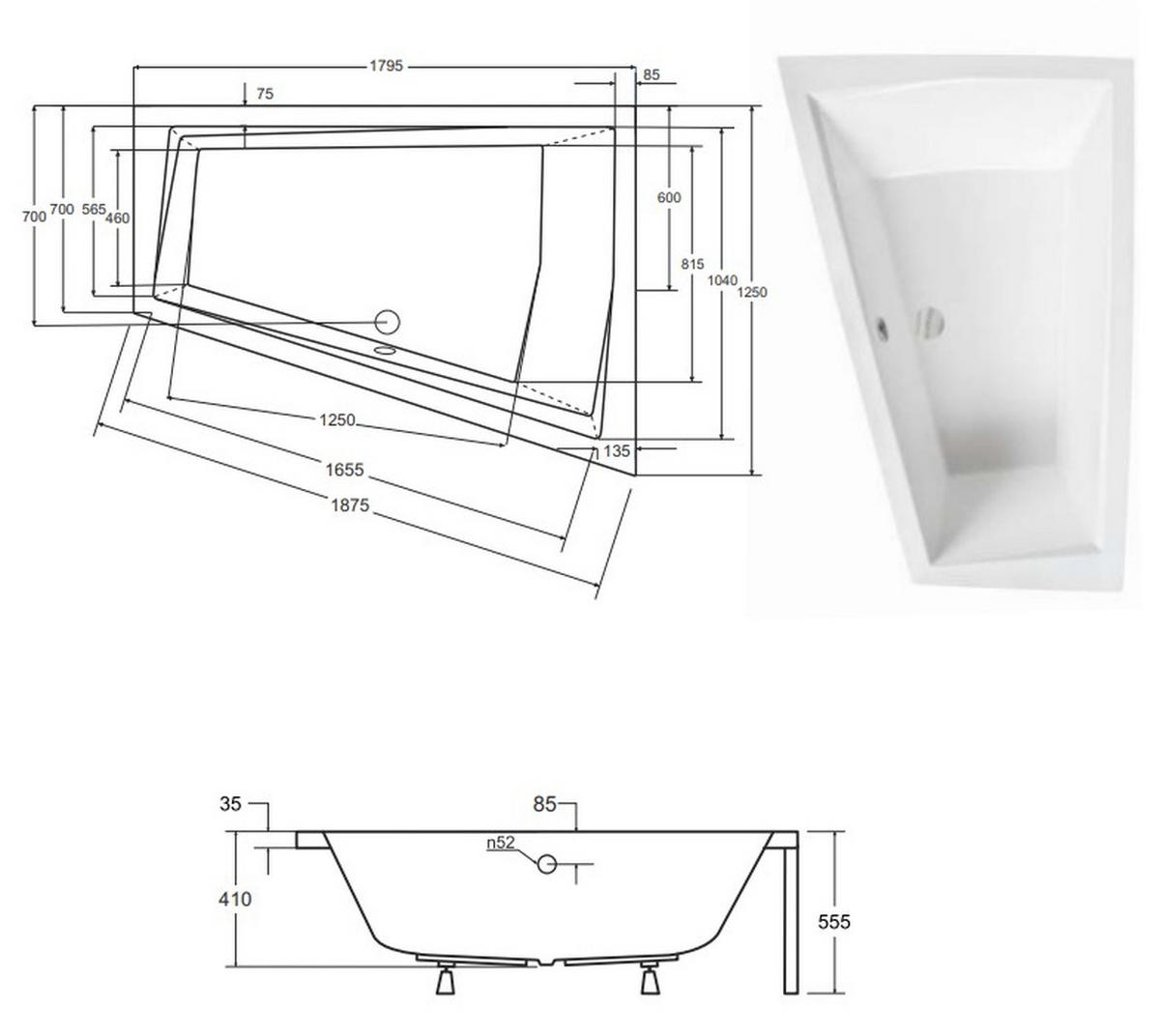 BADEWANNE Eckwanne INTIMA 180/125 Links + Schürze + Ablage Ablauf Füße - Weiß, Kunststoff (125/55.5/180cm) - bad land