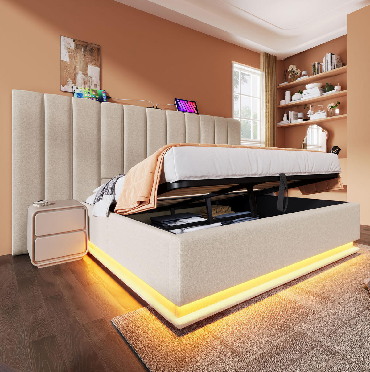 POLSTERBETT 180/200 cm mit Bettkasten, LED und gepolstertem Kopfteil - Beige, Textil (180/200cm) - BEAOK