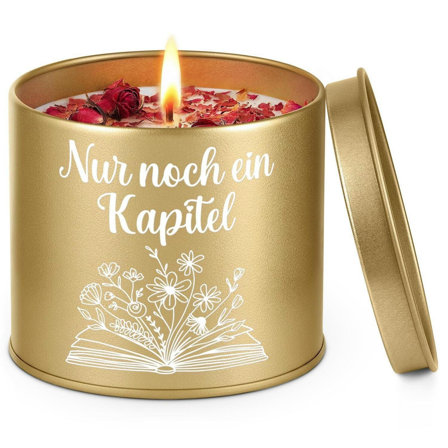 DUFTKERZE im Glas mit Aufdruck "Nur noch ein Kapitel" - Goldfarben, Paraffin (7.5cm)