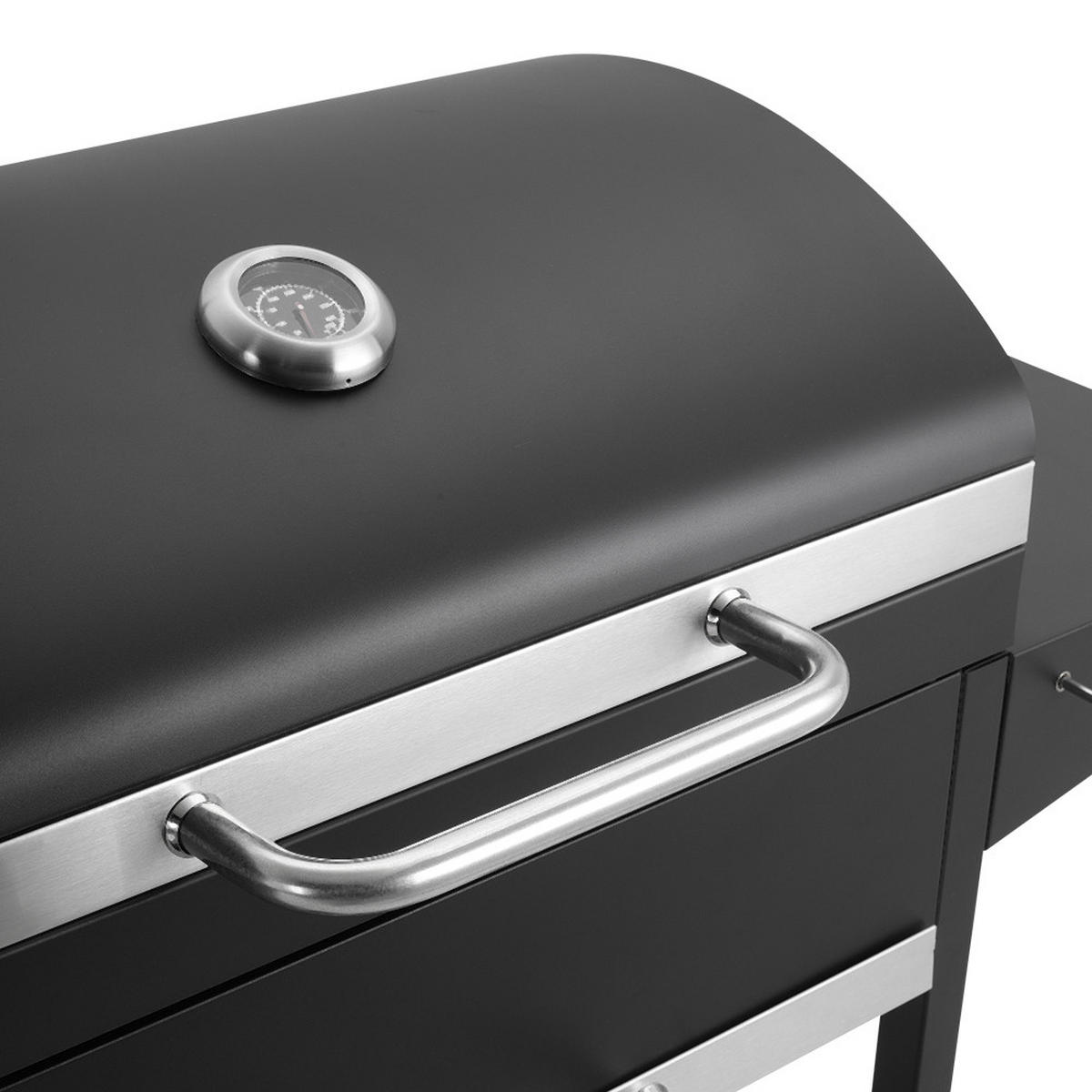 HOLZKOHLEGRILL aus Karbonstahl in Schwarz Tragbarer für den Außenbereich mit Seitenablagen 119 cm B × 50 cm T × 101 cm H - Schwarz, Metall (119/50cm) - Livingandhome
